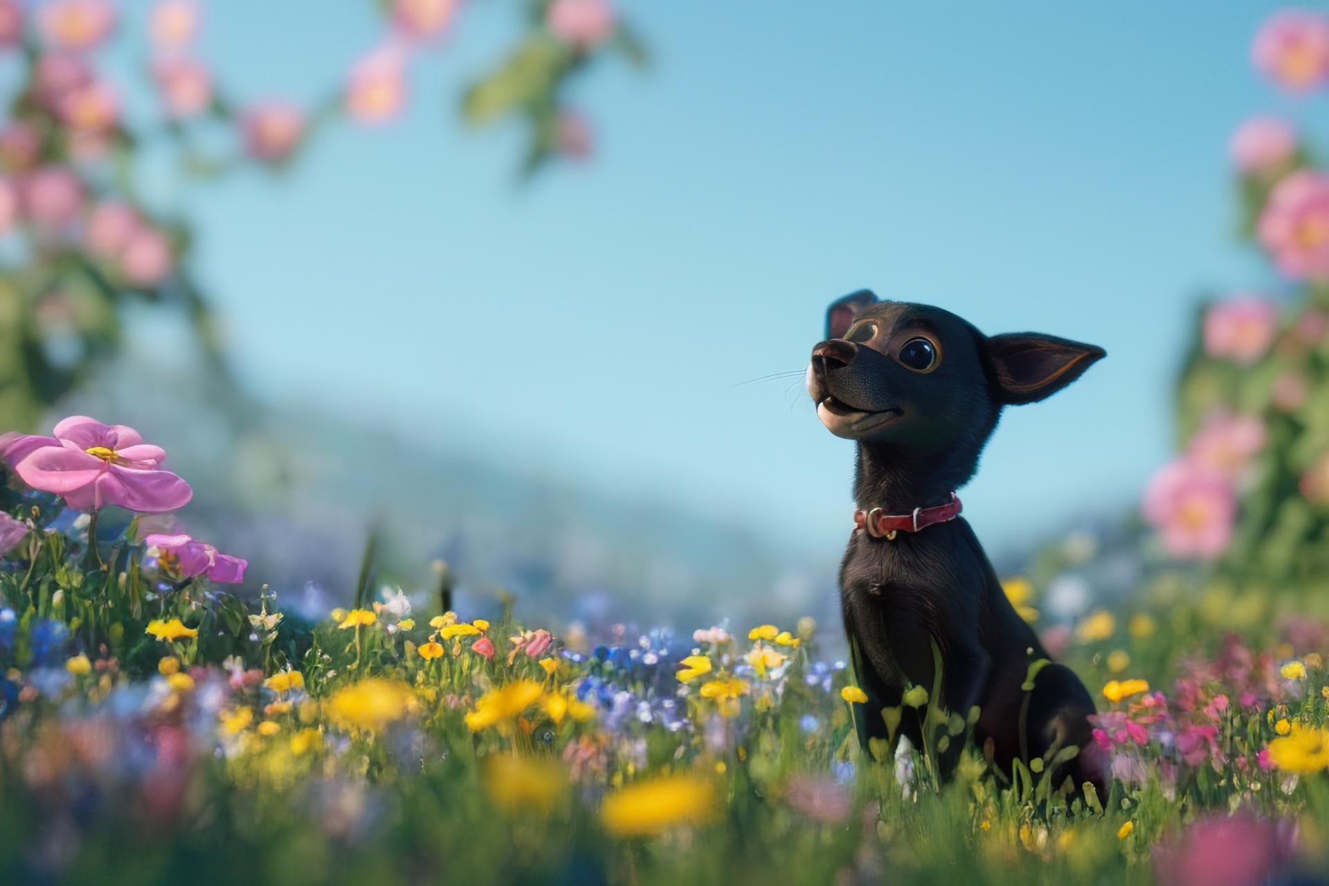 A Black Dog in a Field of Flowers, AI generative