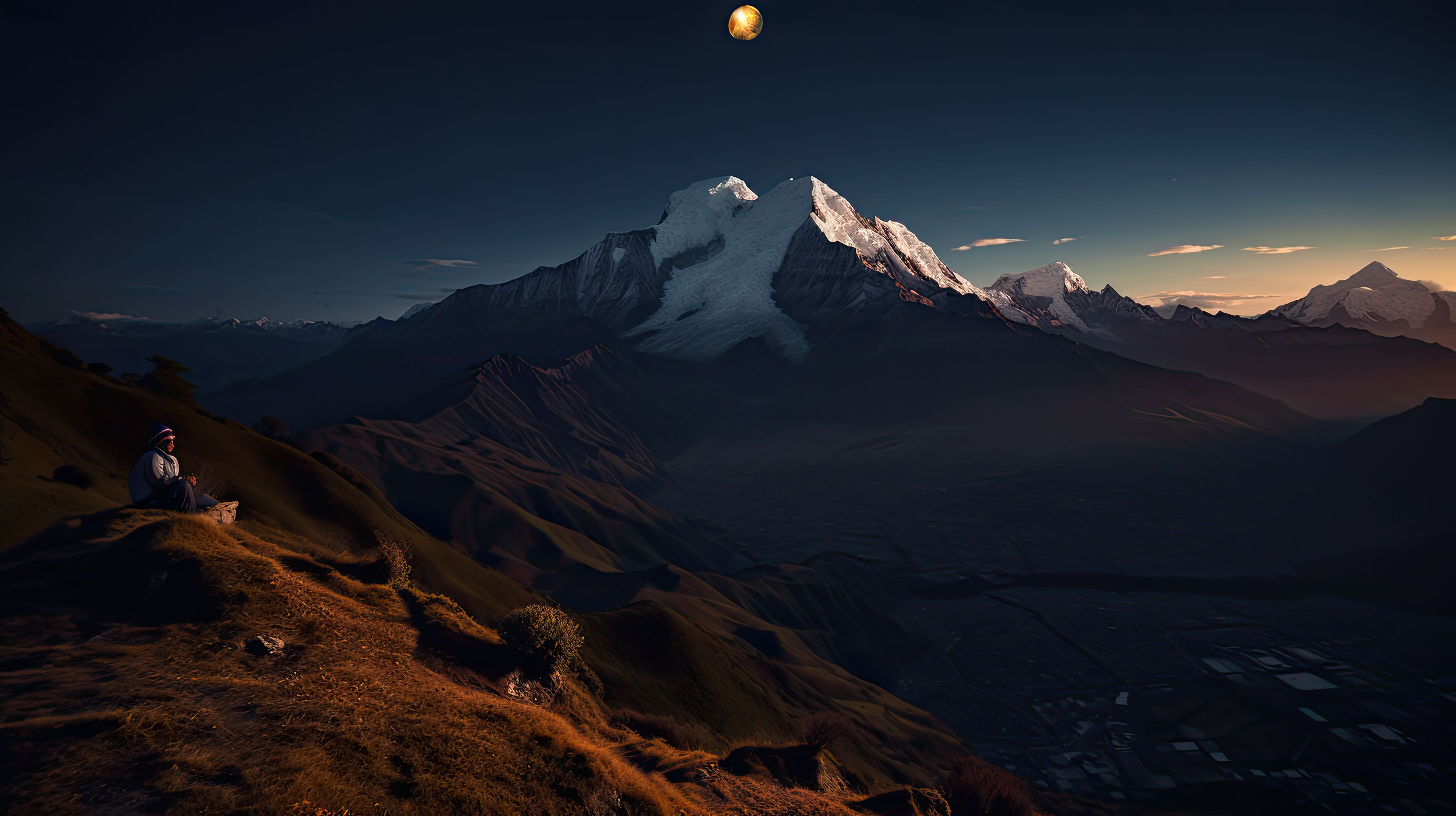 Beautiful view of mountains with Moon at twilight