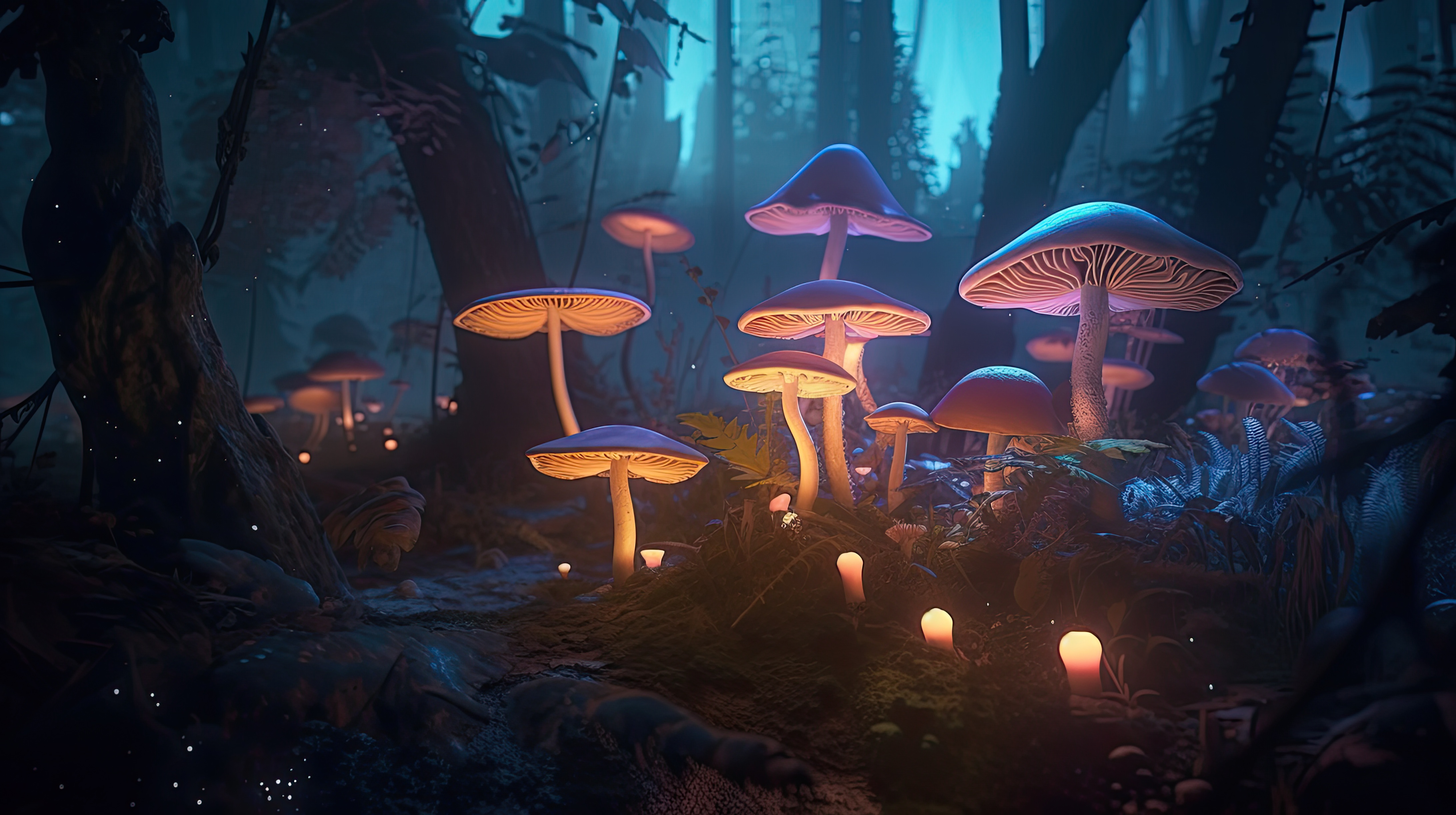 Close-up shot of glowing Mushrooms in the magical jungle