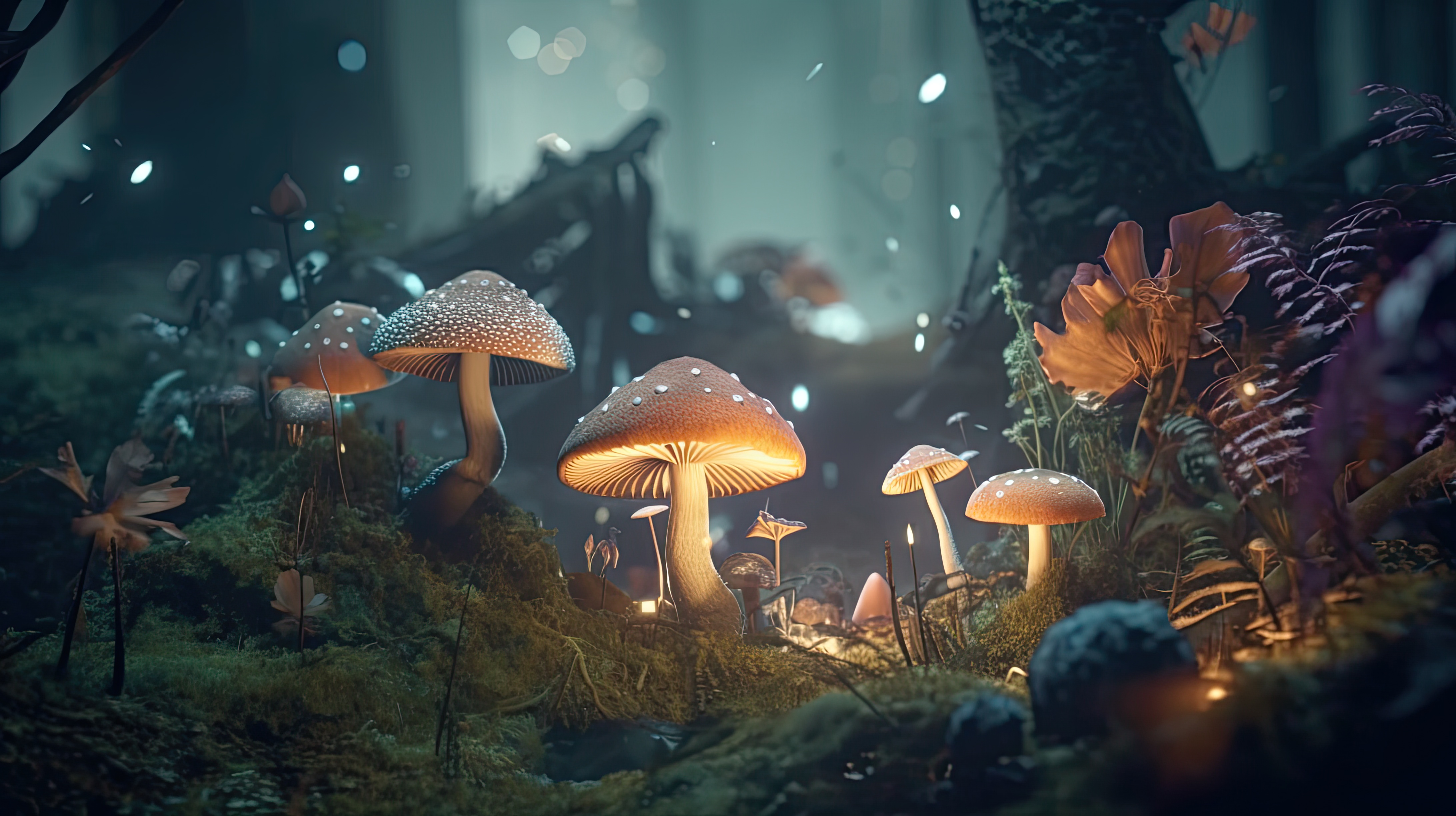 Close-up shot of glowing Mushrooms in the magical jungle