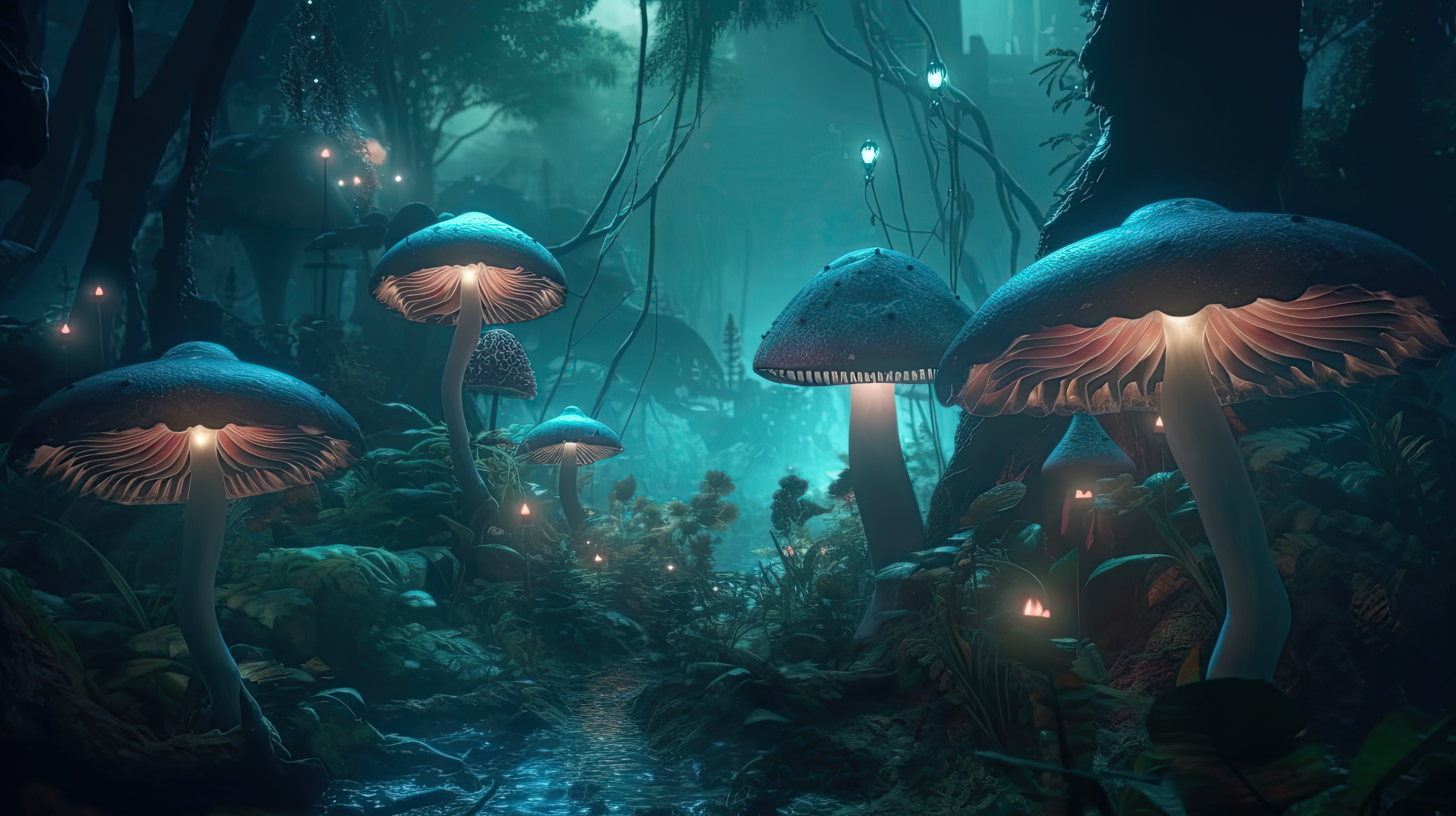 Close-up shot of glowing Mushrooms in the magical jungle