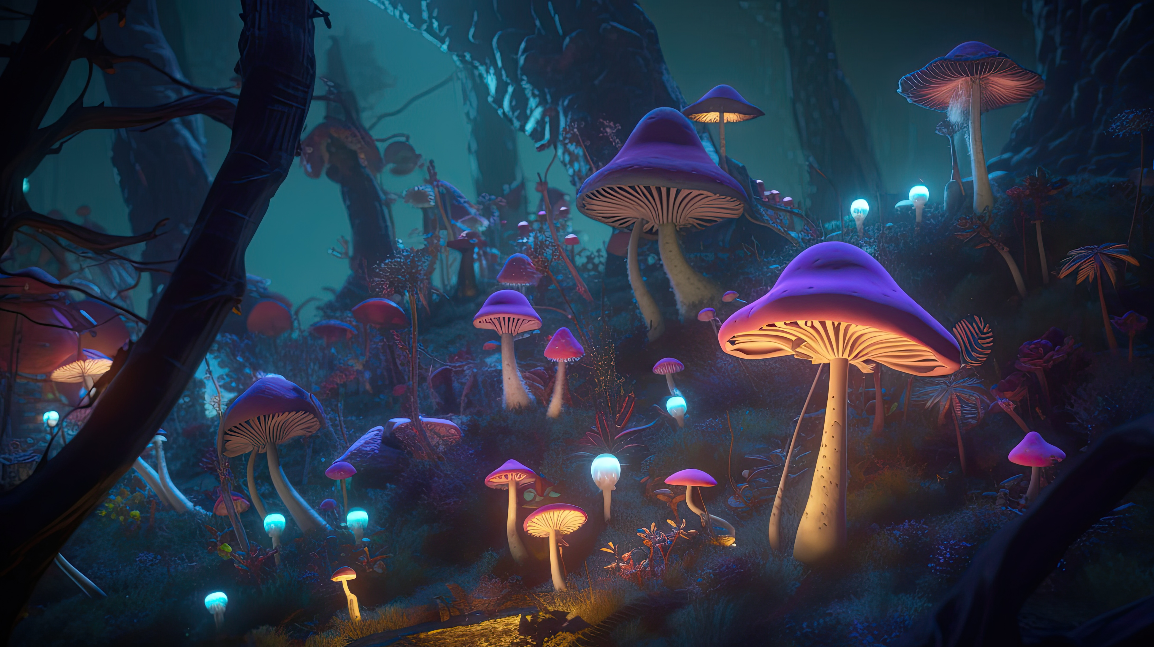 Close-up shot of glowing Mushrooms in the magical jungle