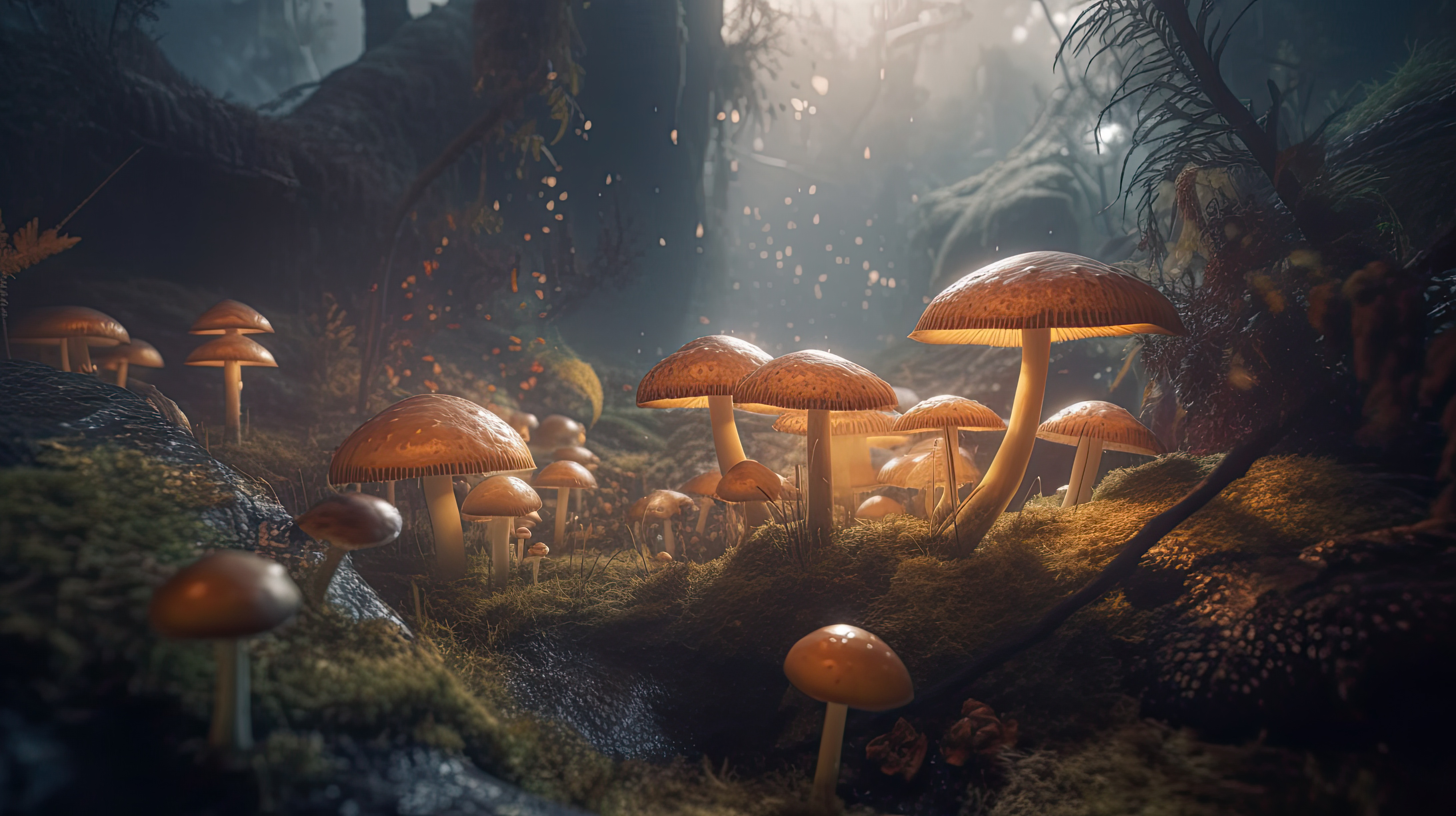 Close-up shot of glowing Mushrooms in the magical jungle