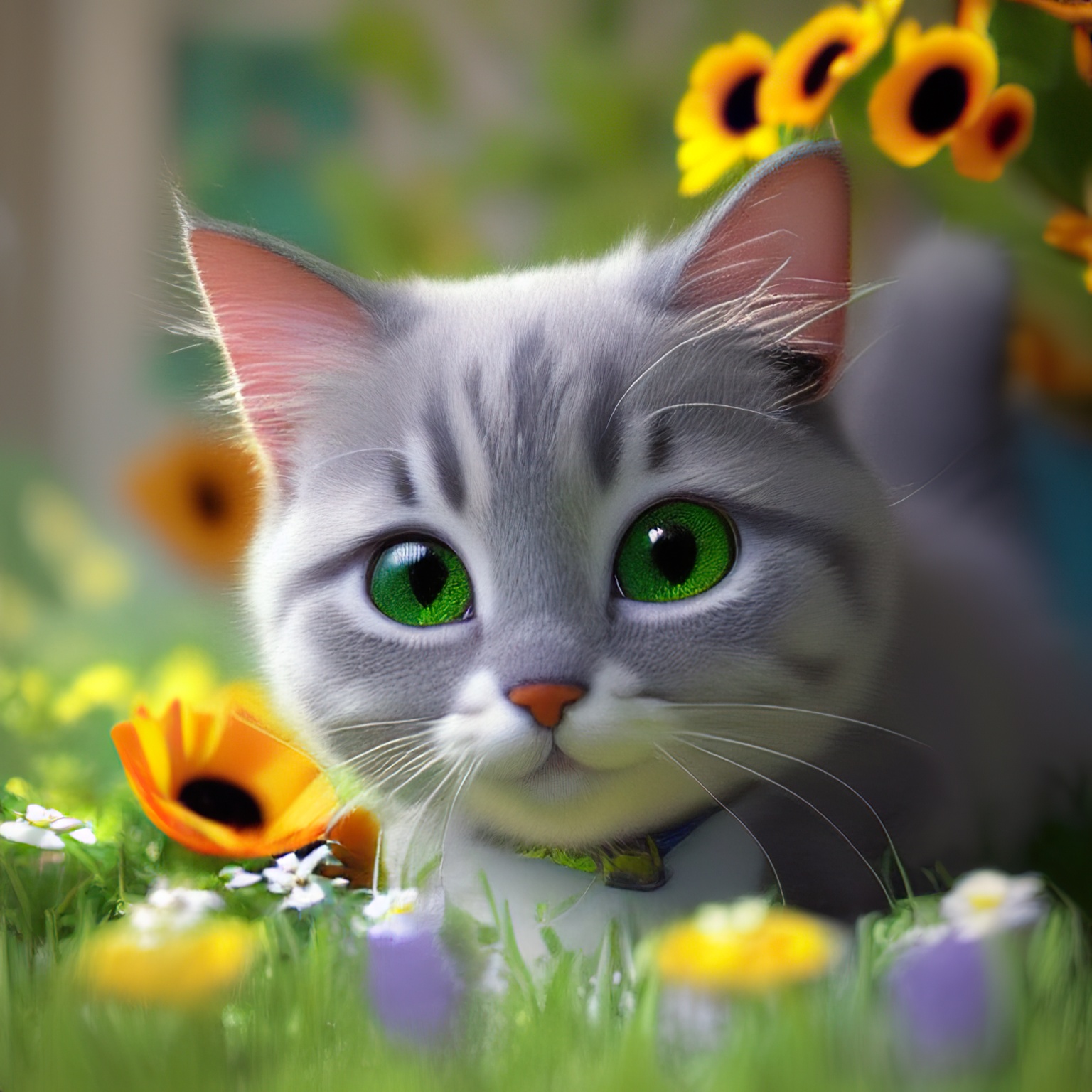 Cute Grey Kitten in a Field of Flowers, AI Generative