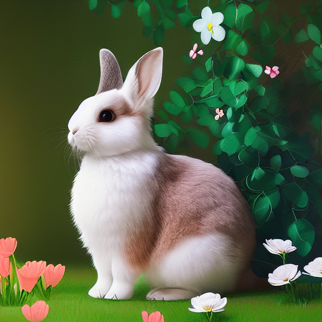 ute bunny with orange and white flowers, green background, AI generative