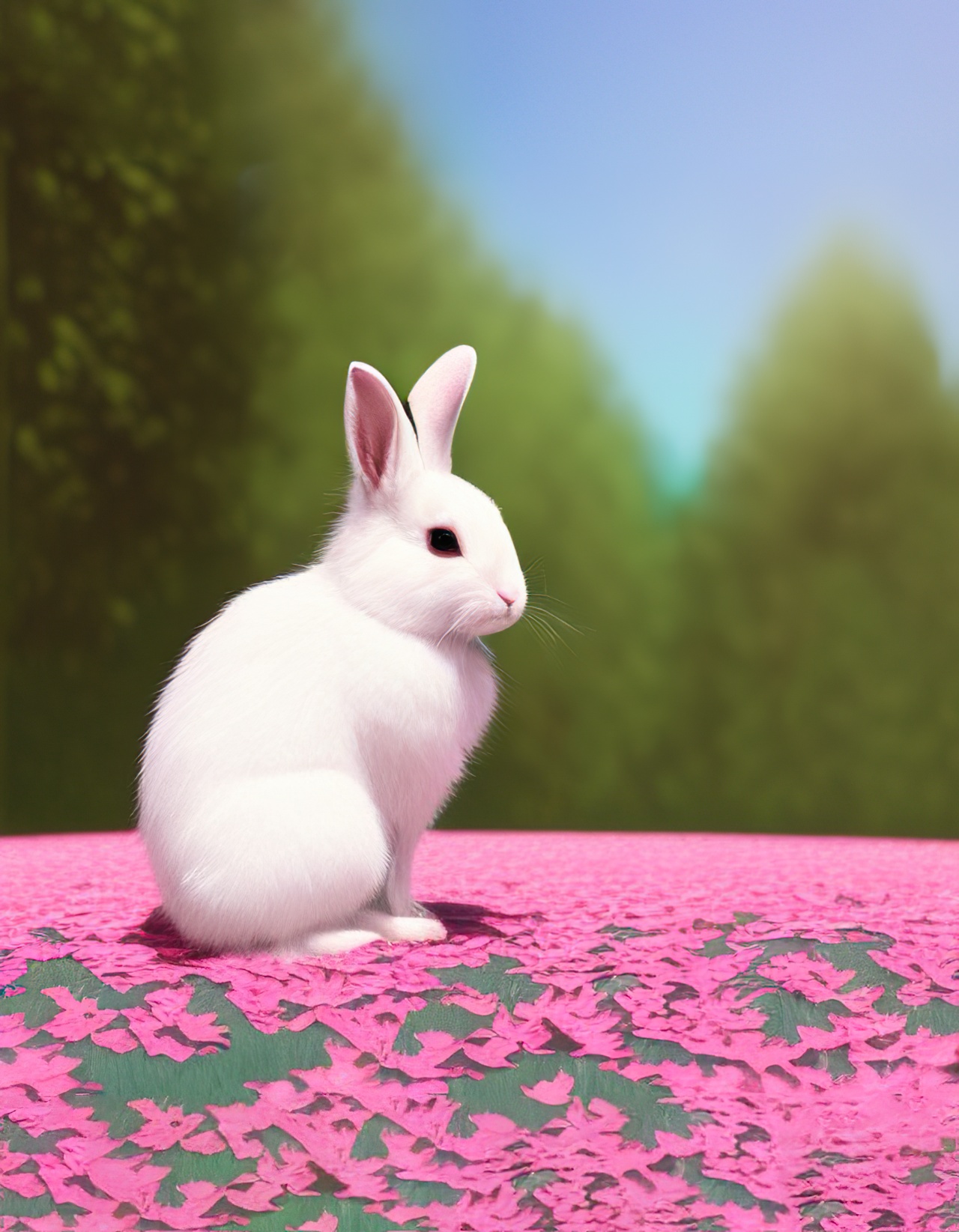 Cute bunny with pink flowers, green background, AI generative