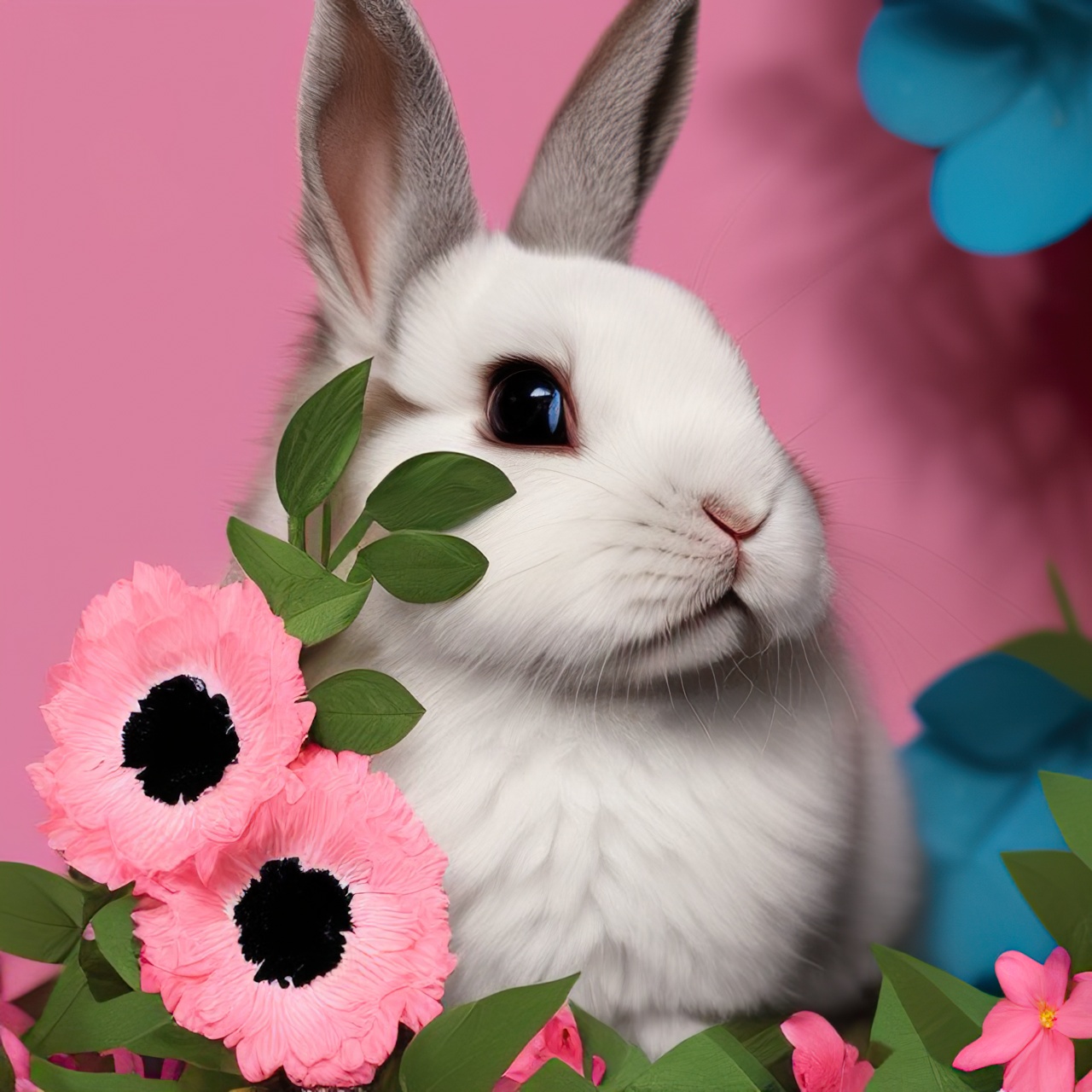 Cute bunny with pink flowers, pink background, AI generative