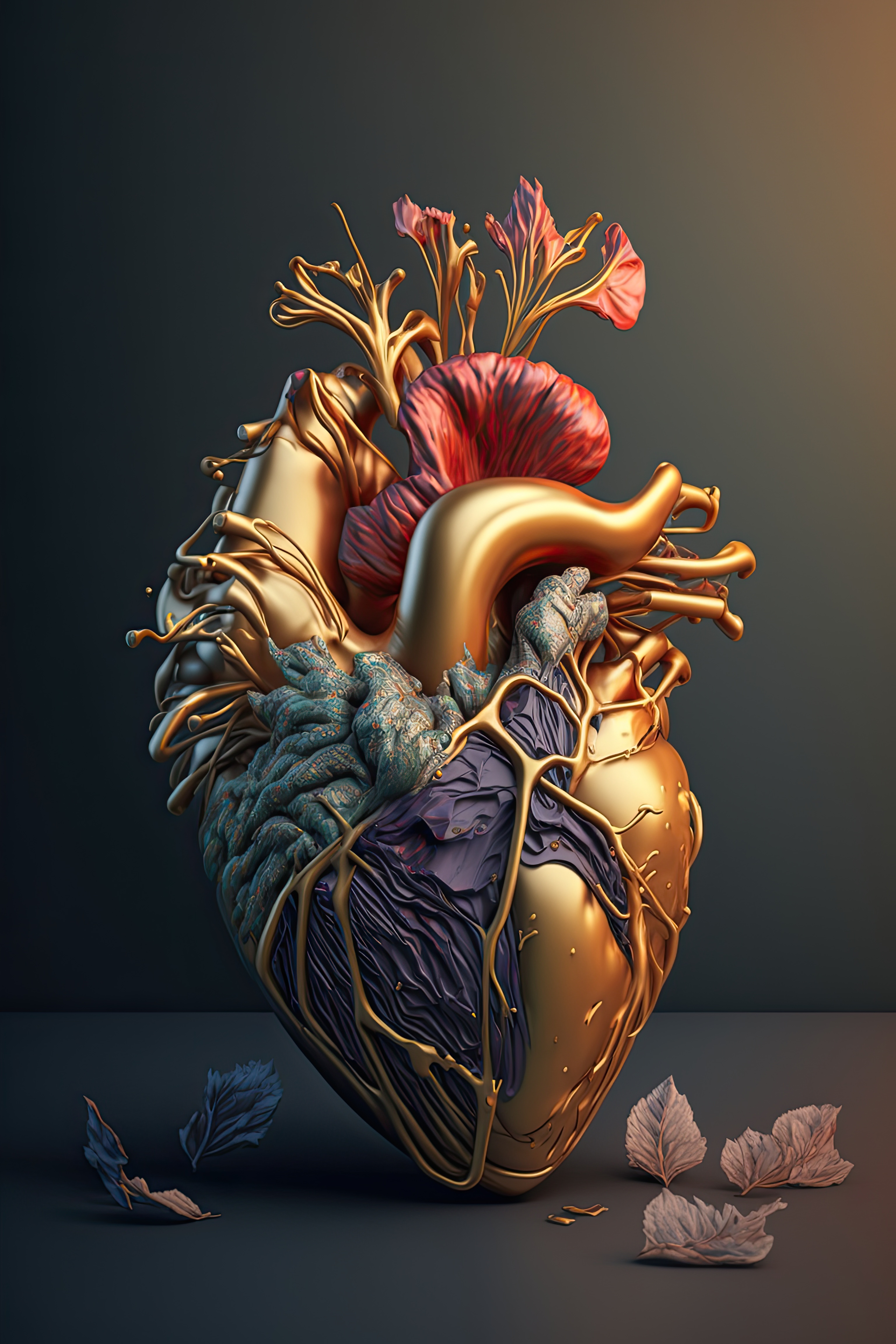 Elegant heart anatomy, golden heart, 3d heart