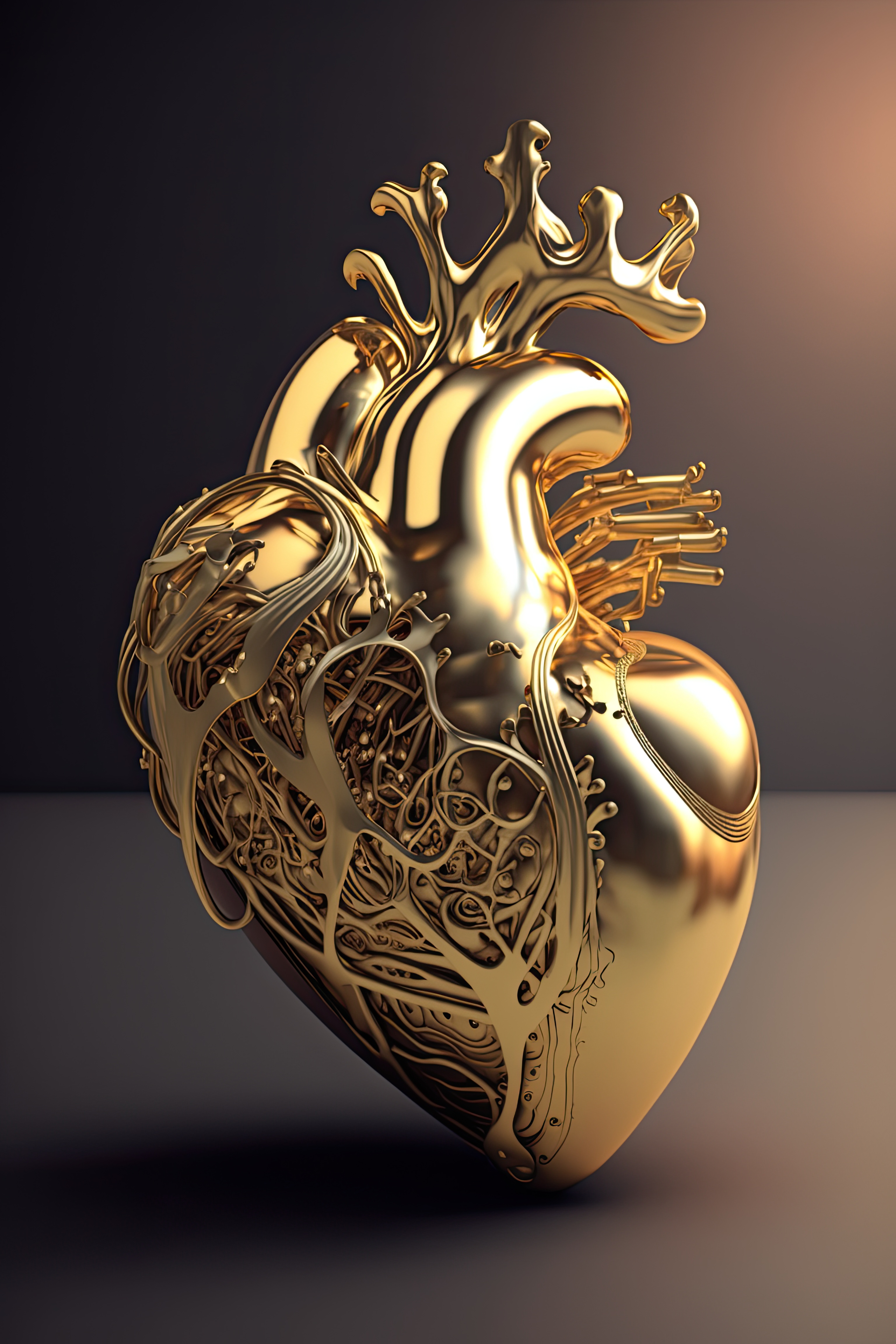 Elegant heart anatomy, golden heart, 3d heart