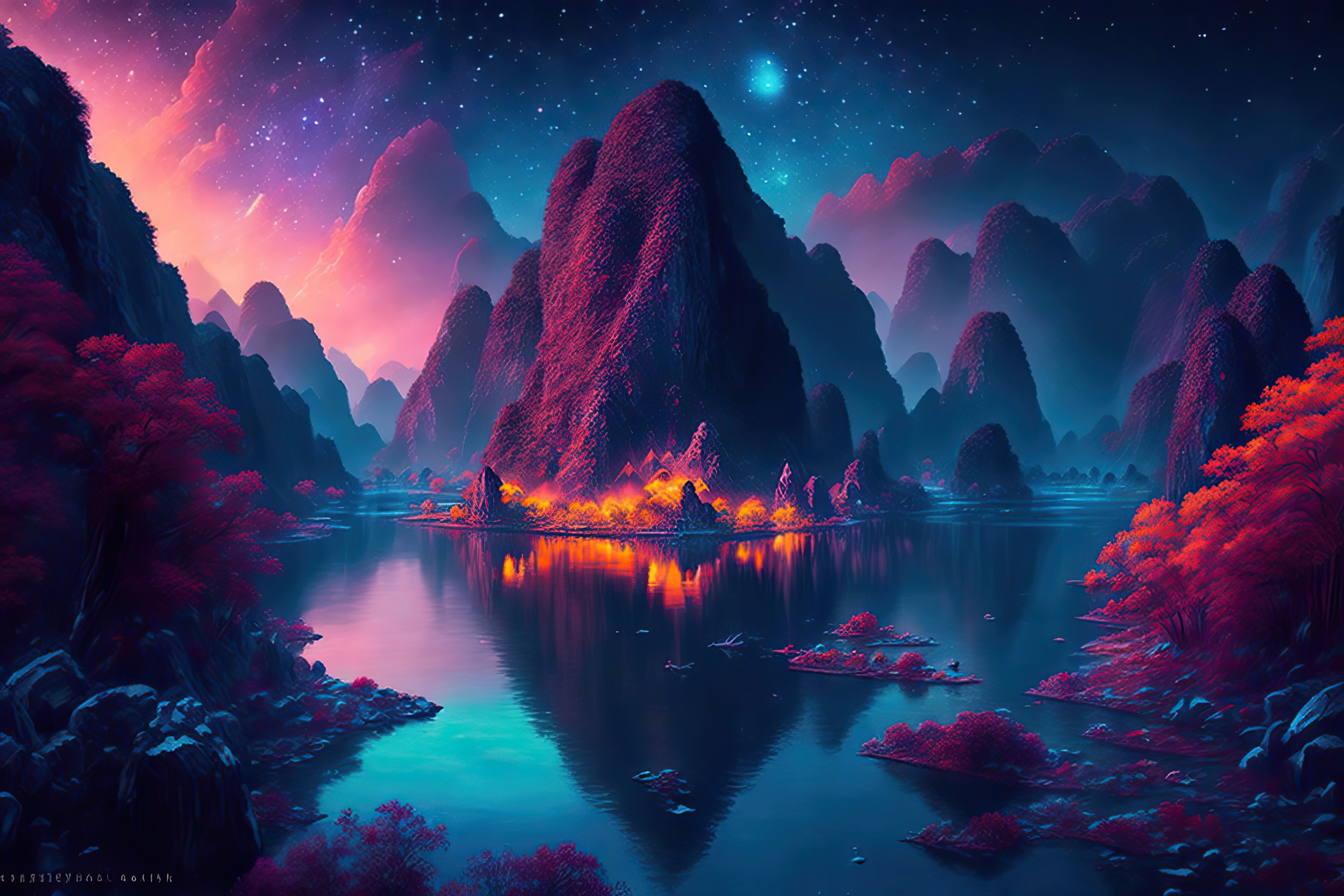 Fantastic Mountain and River Landscape with Colorful Stars at Night, AI generative