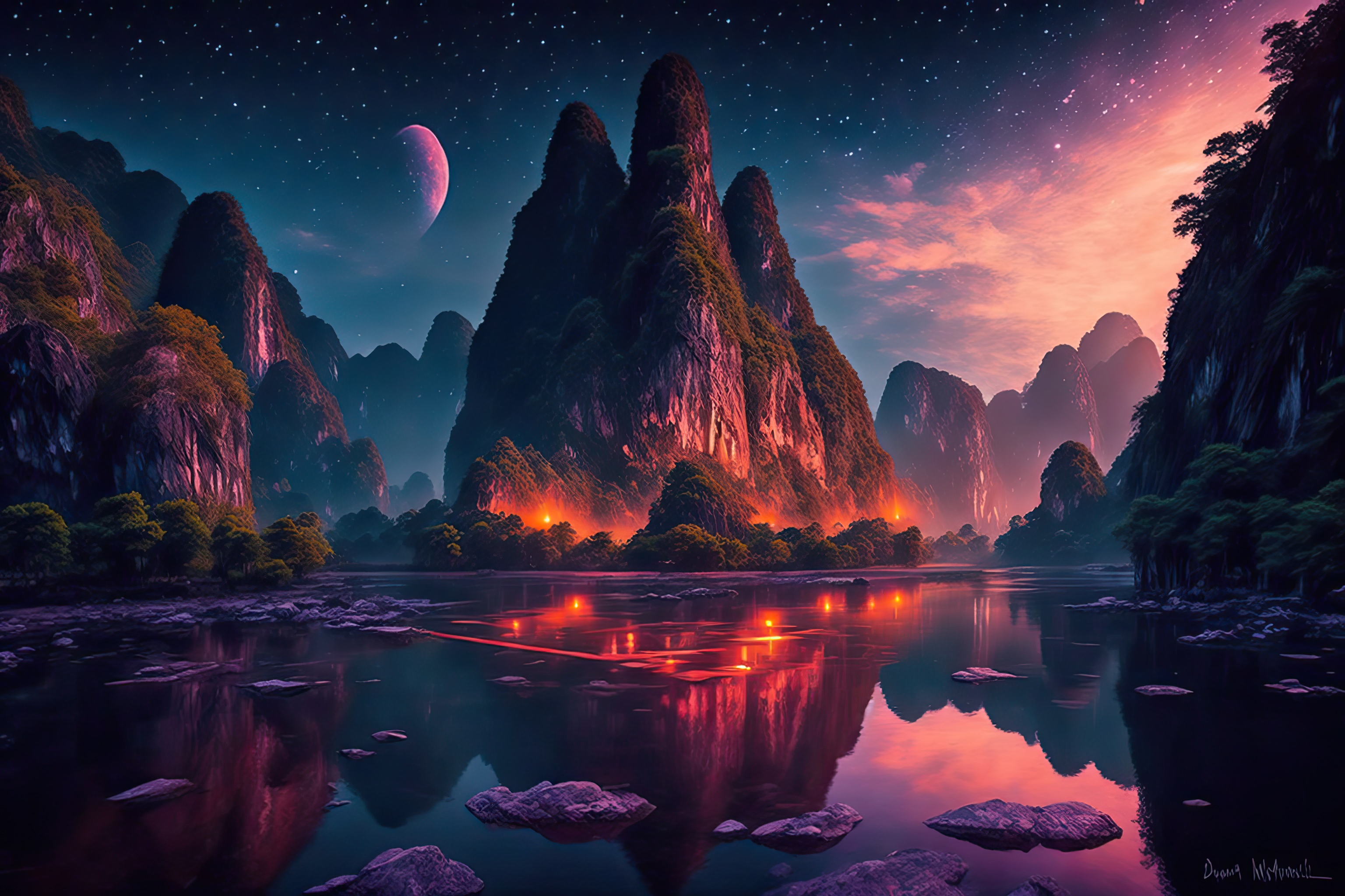 Fantastic Mountain Landscape with Colorful Stars at Night, AI generative