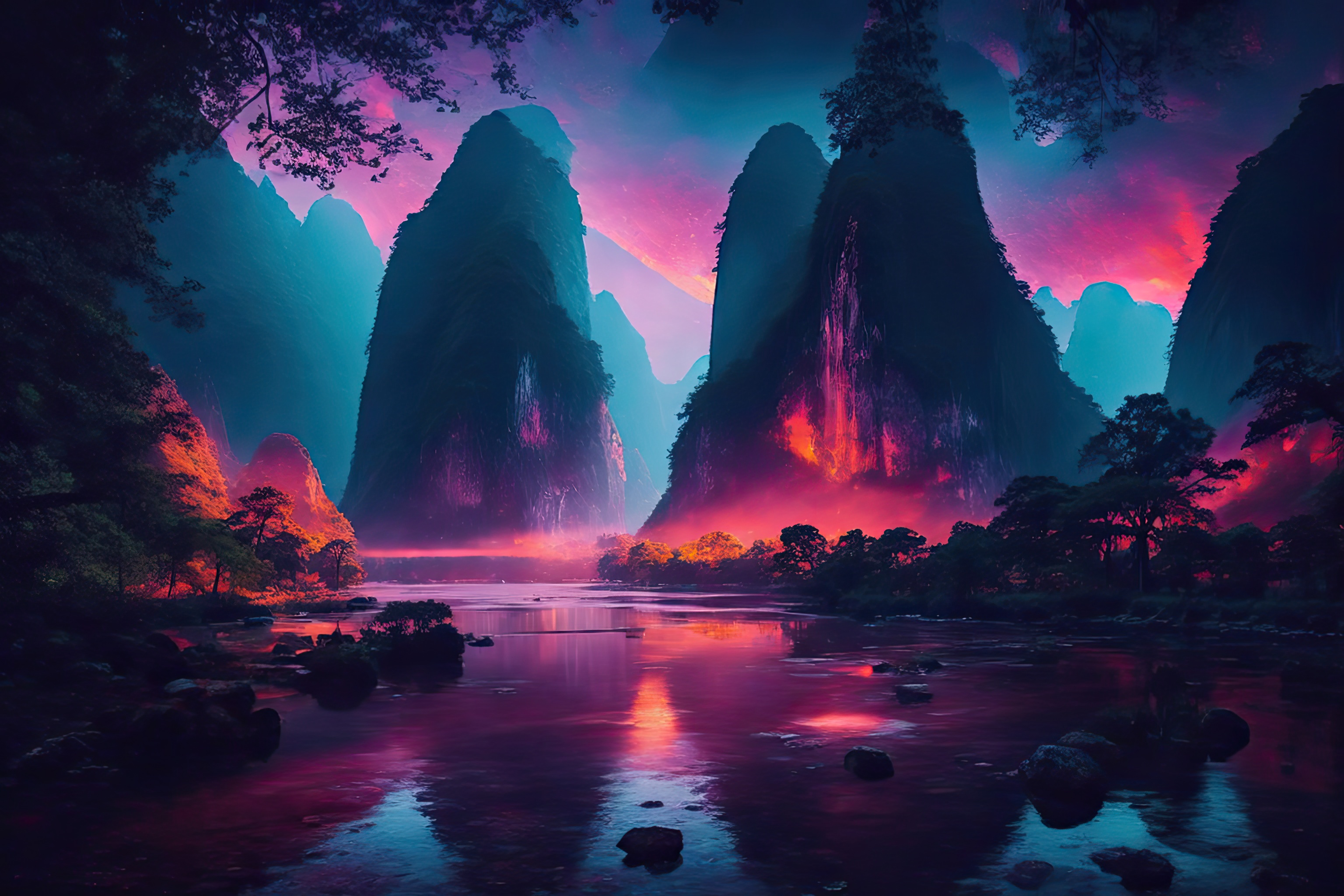 Fantastic Mountain Landscape with Colorful Sky at Night, AI generative