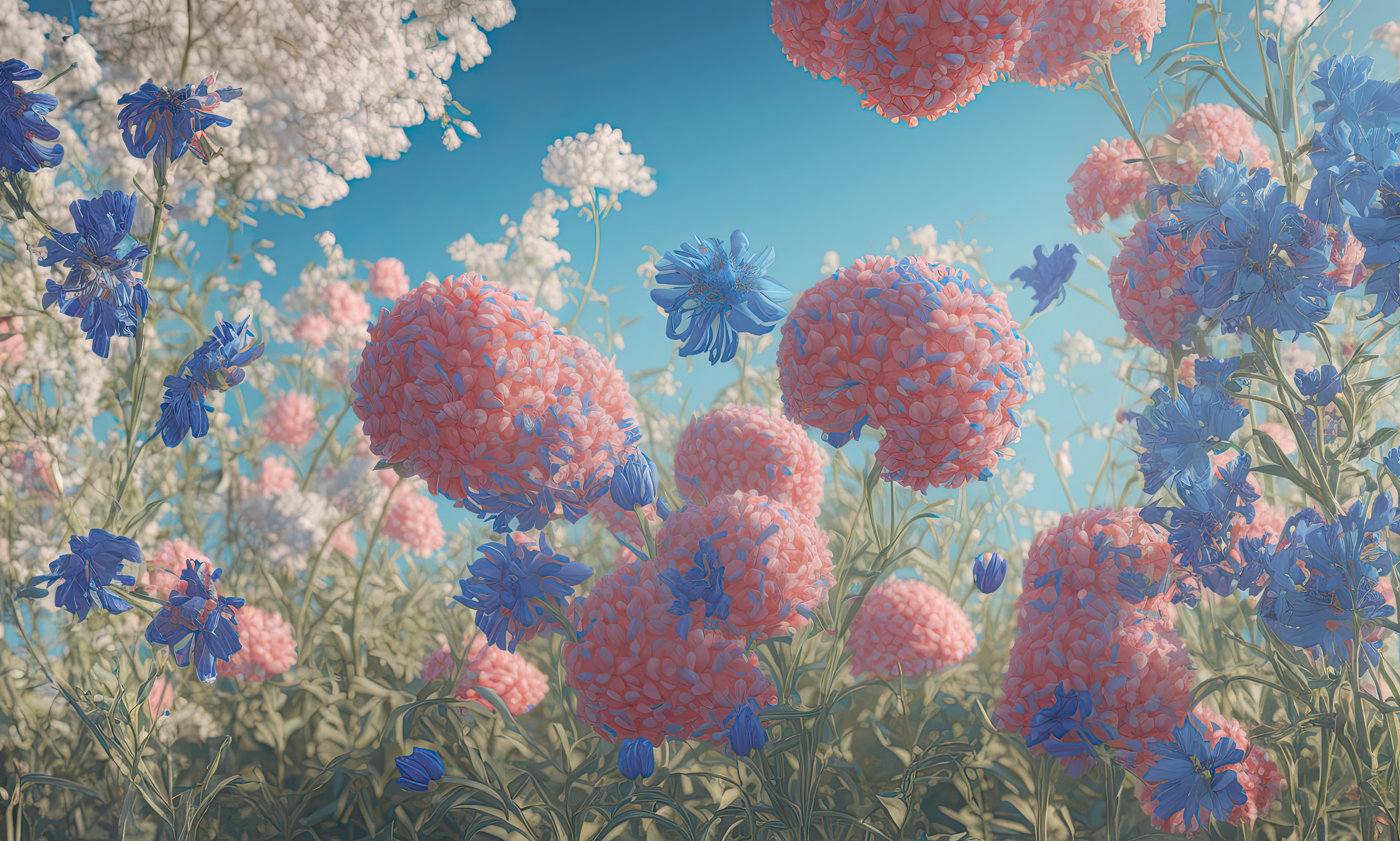 Fantasy Pink and Blue Flowers in a Field, AI generative