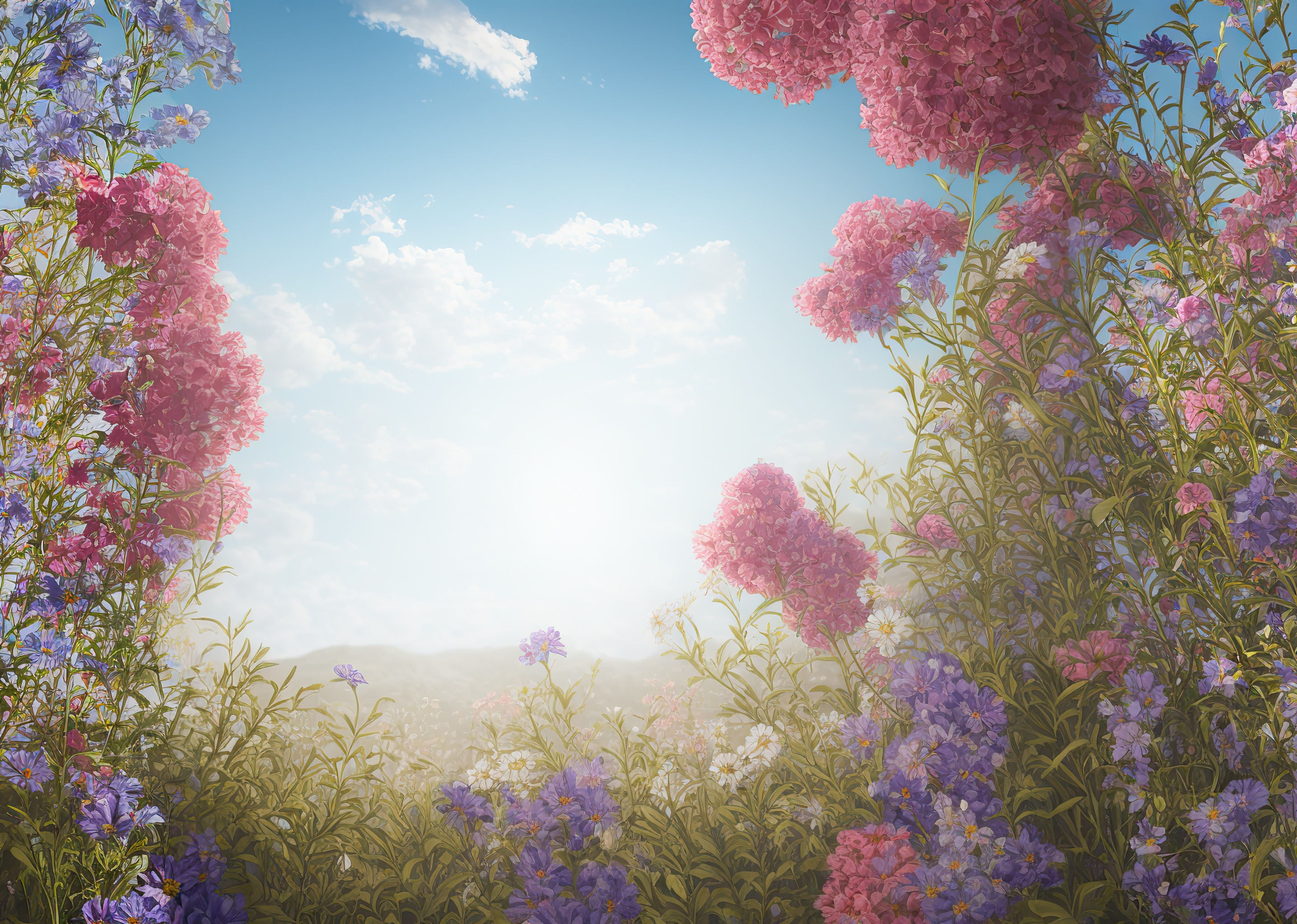 Pink and Blue Flowers in a Field, AI Generative