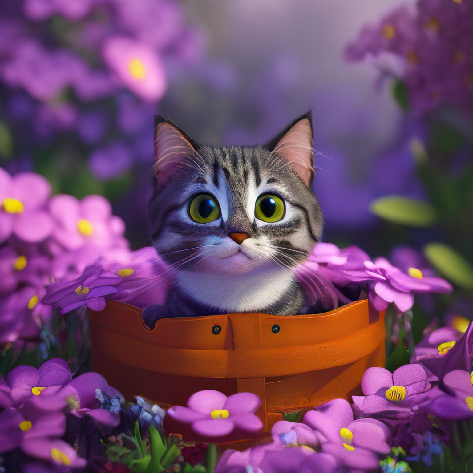 A cute kitten sits in a flower pot surrounded by purple flowers, AI Generative