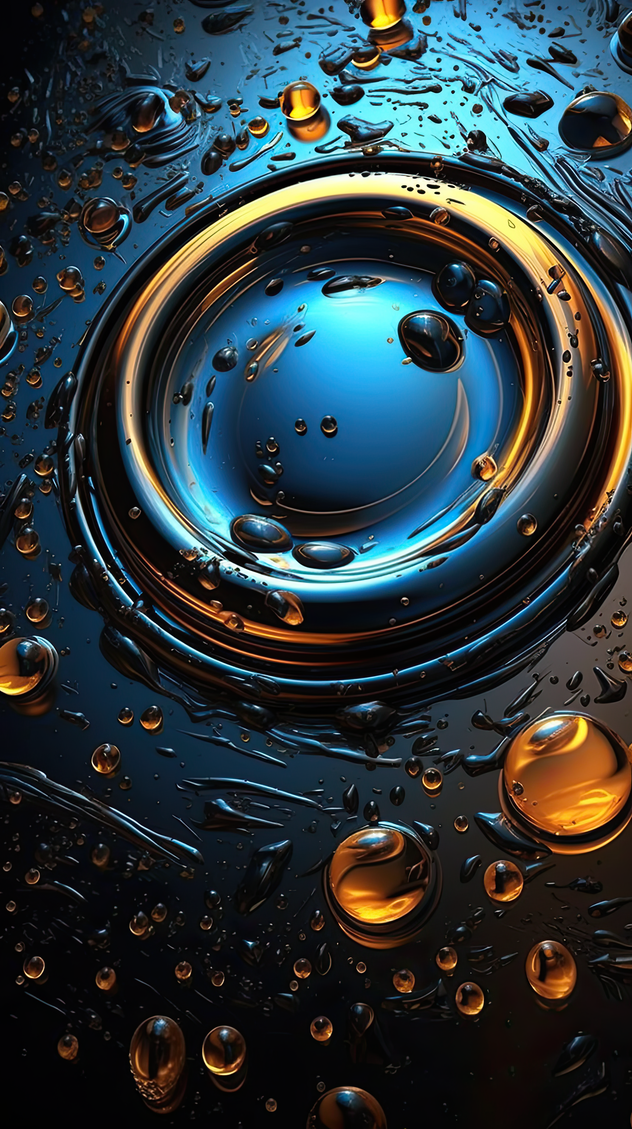 3D abstract wallpaper, yellow oil bubbles and blue background