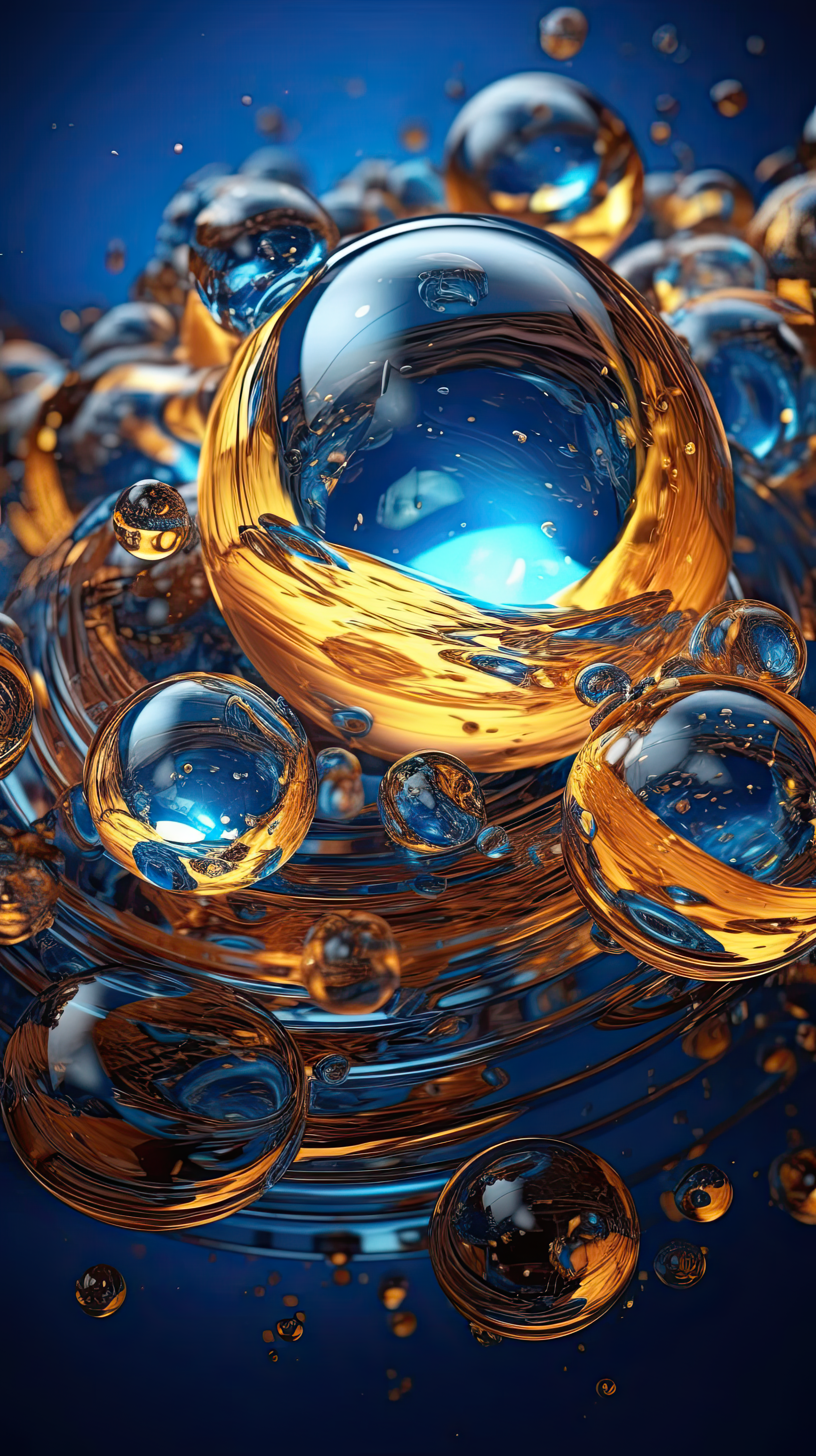 3D abstract wallpaper, yellow oil bubbles and blue background