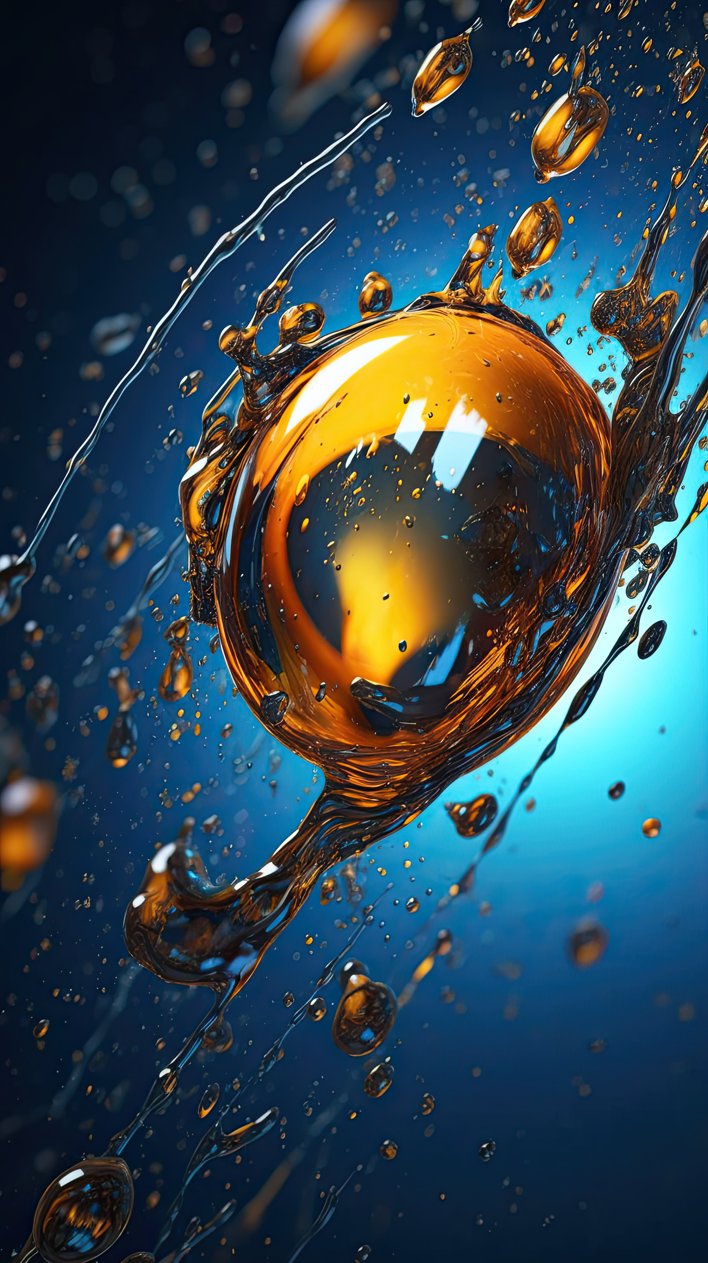 3D abstract wallpaper, yellow oil bubbles and blue background