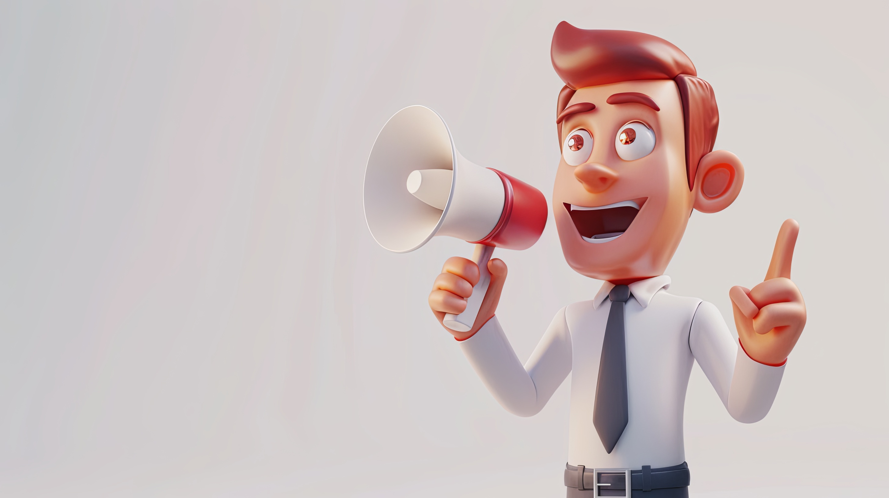 3d businessman character with white shirt speaks in megaphone isolated on light background