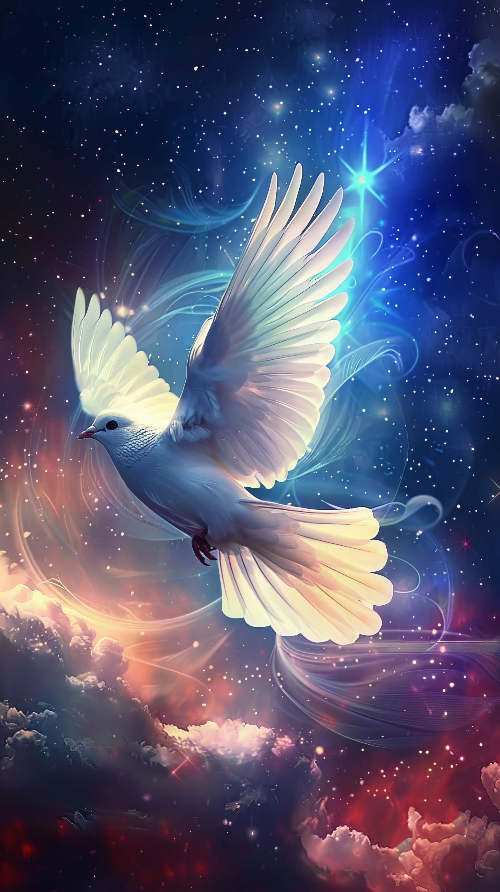 A free flying white dove