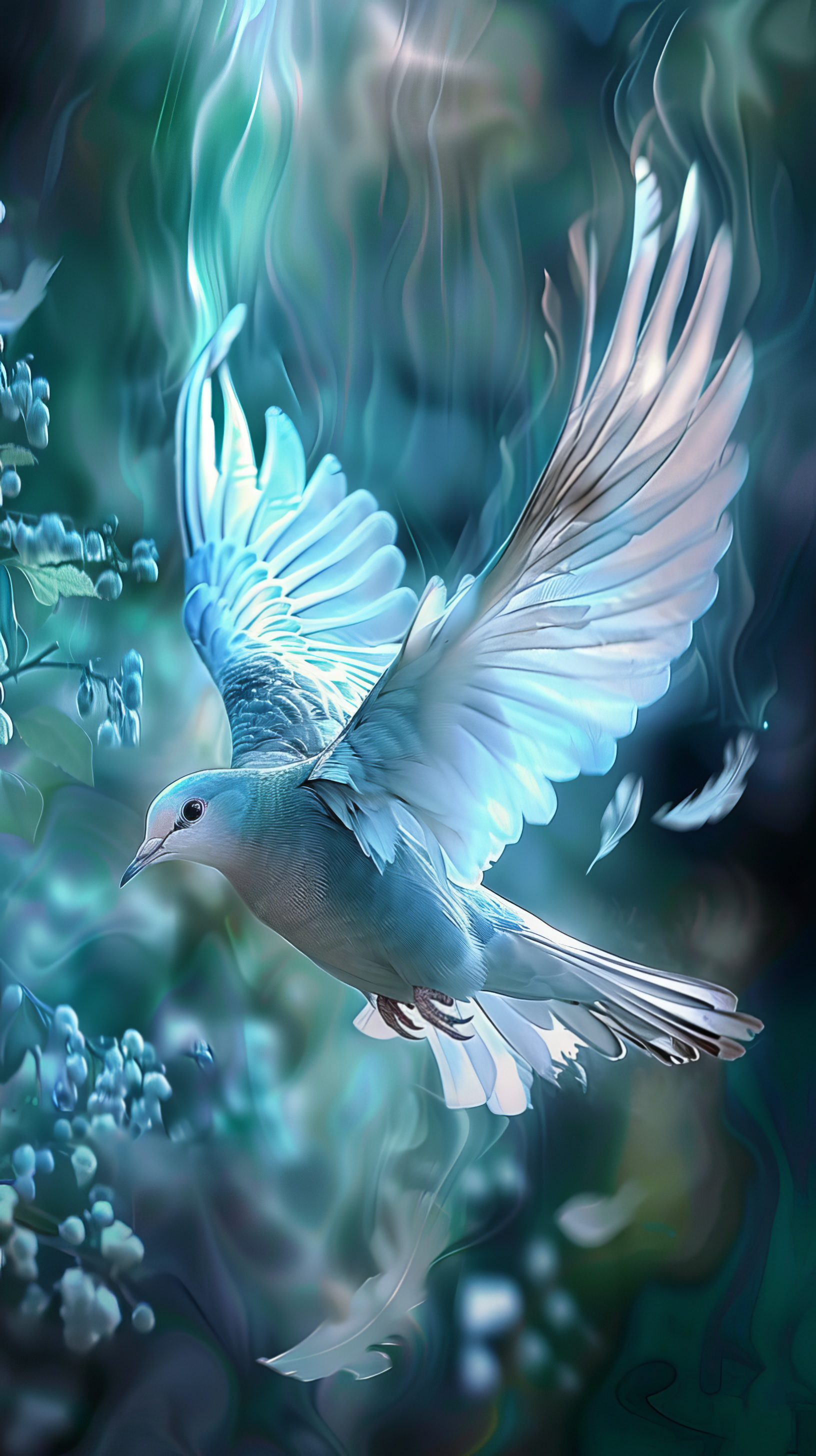 A free flying white dove