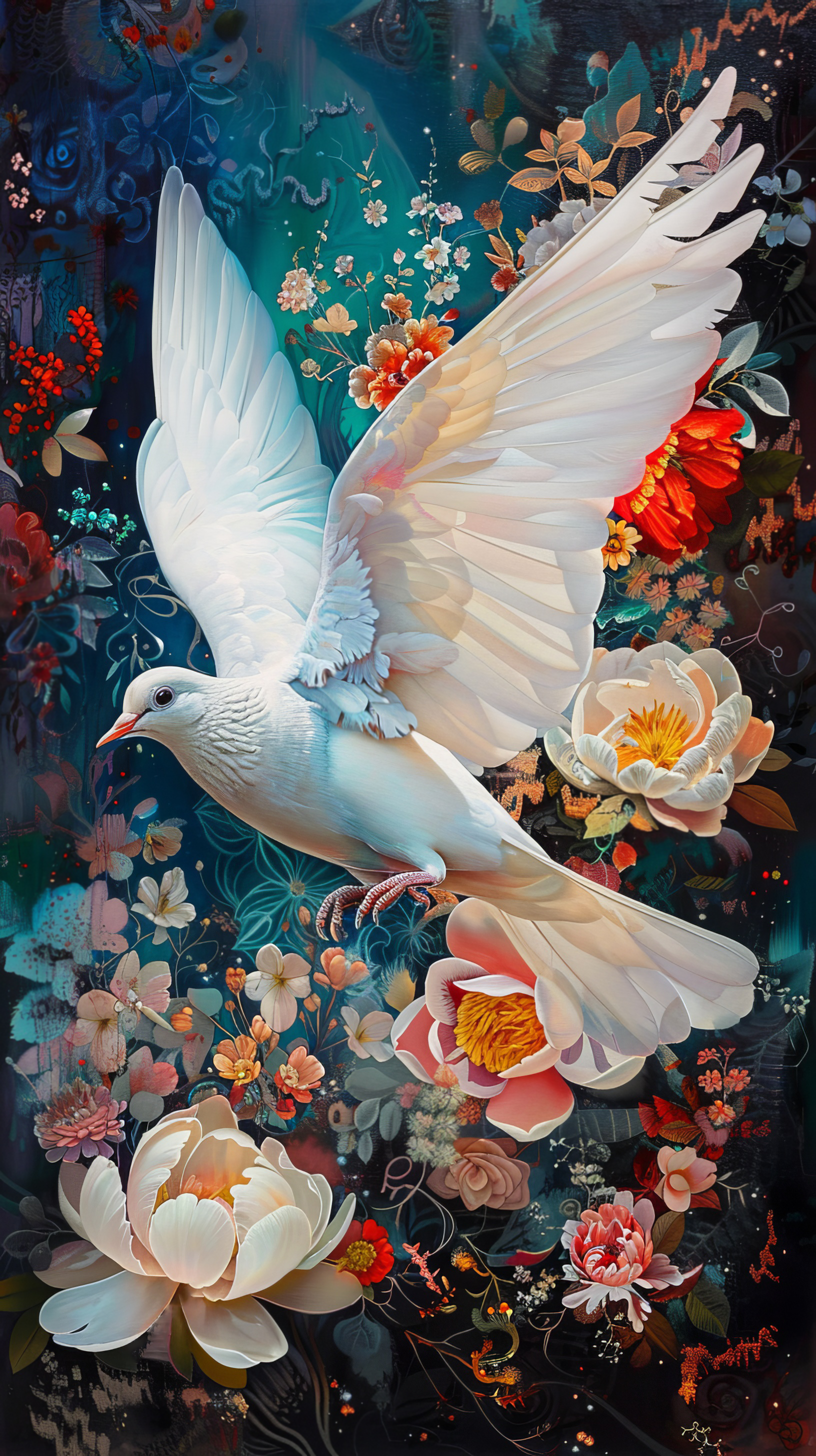 A free flying white dove