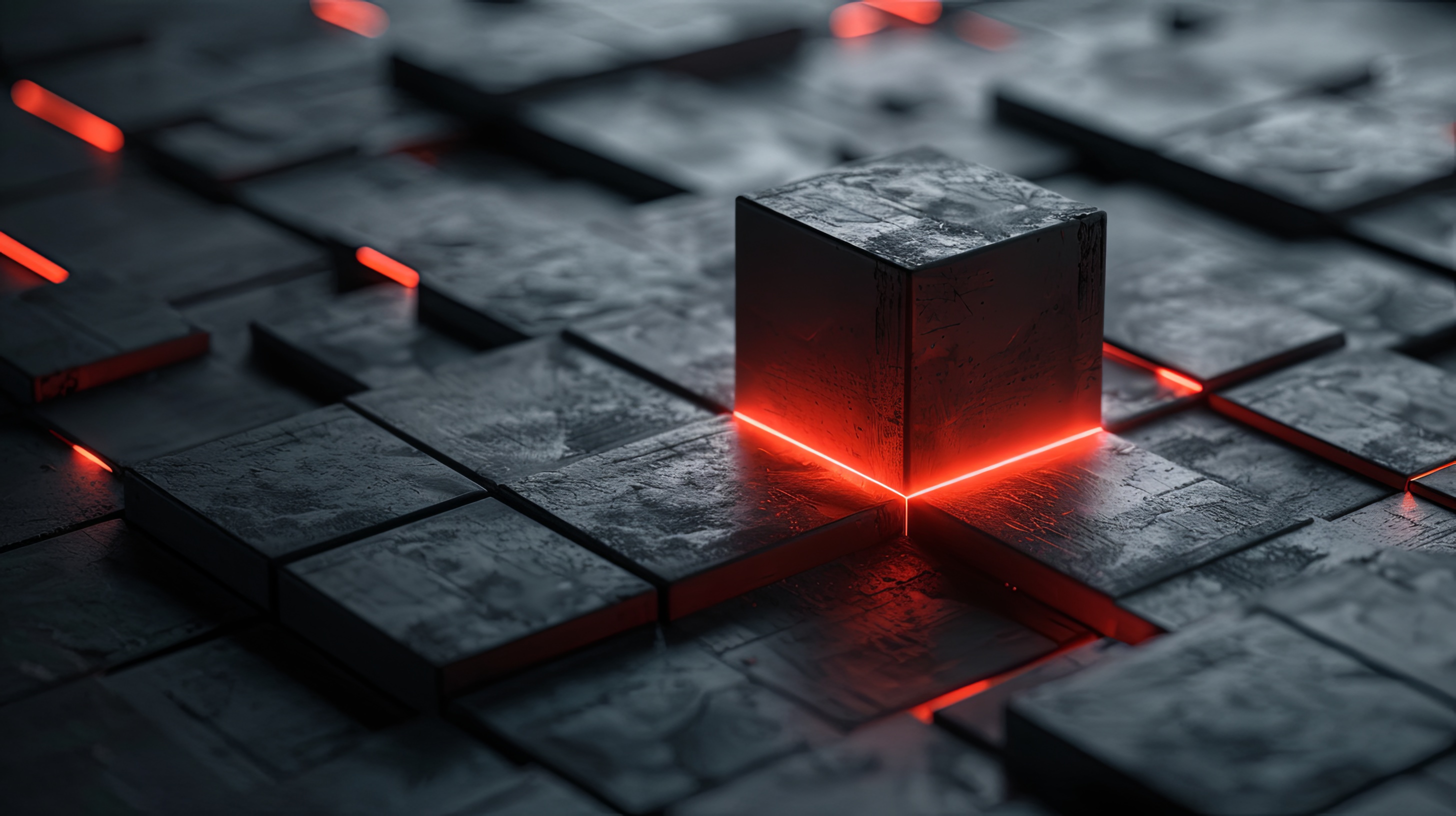 Abstract black cube background with red glowing light