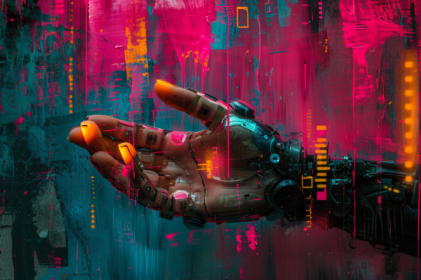 Abstract futuristic robot hand on colorful backgrounds, technology concept