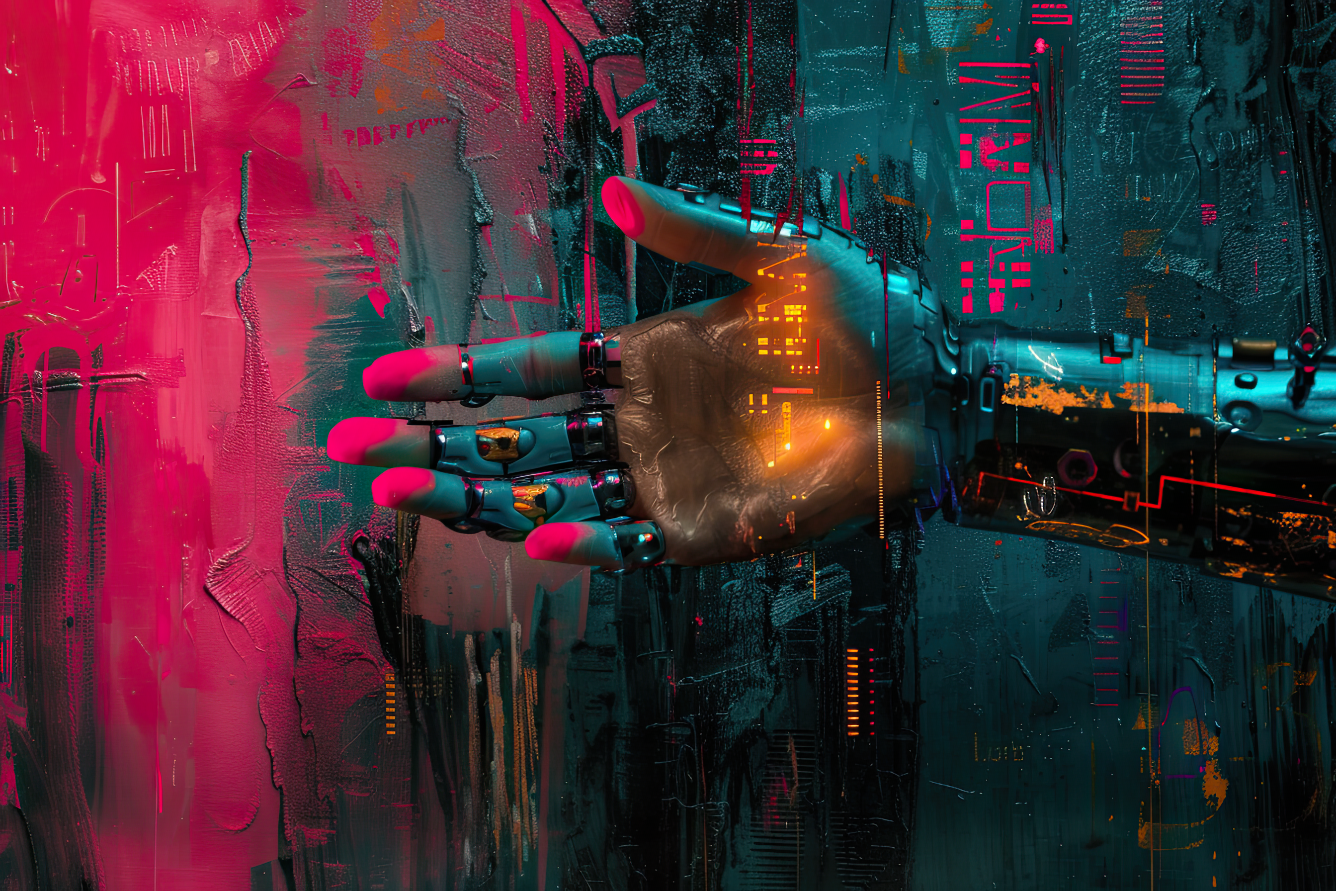 Abstract futuristic robot hand on colorful backgrounds, technology concept