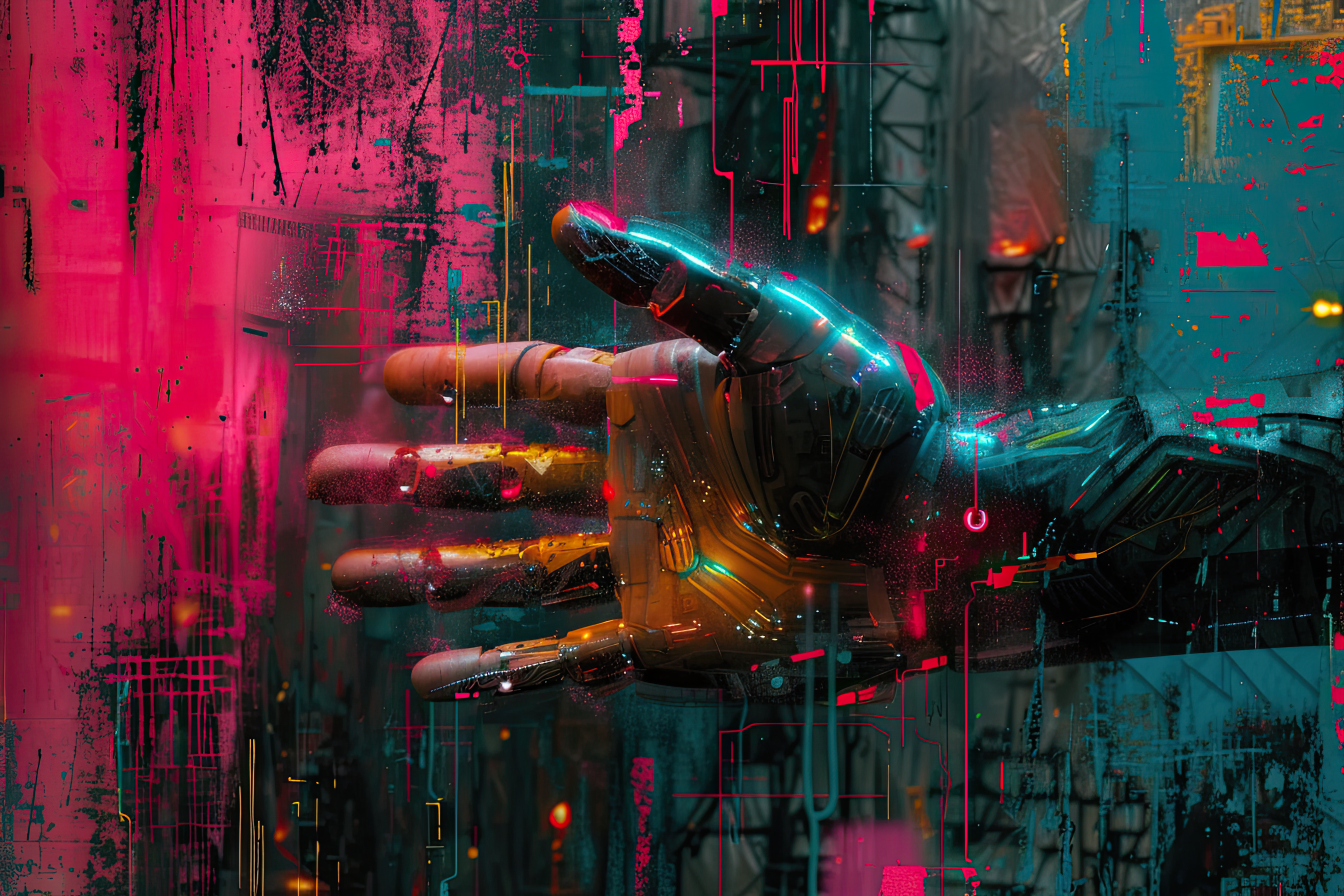 Abstract futuristic robot hand on colorful backgrounds, technology concept