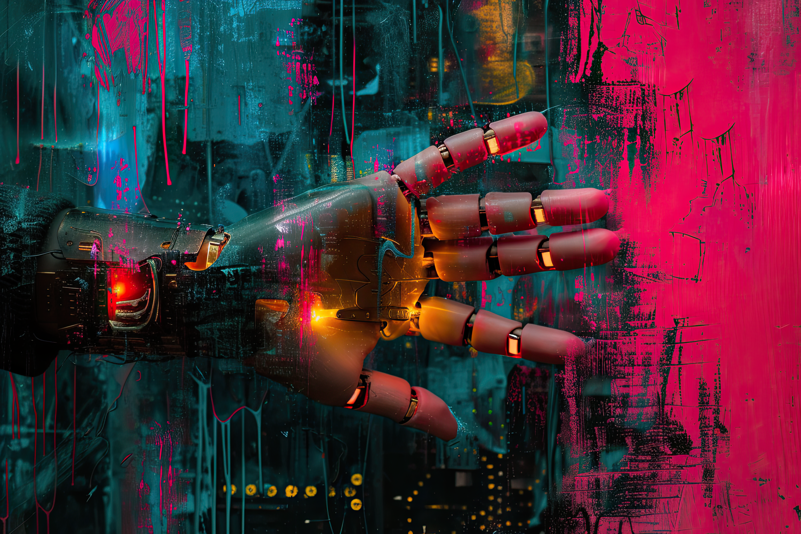 Abstract futuristic robot hand on colorful backgrounds, technology concept