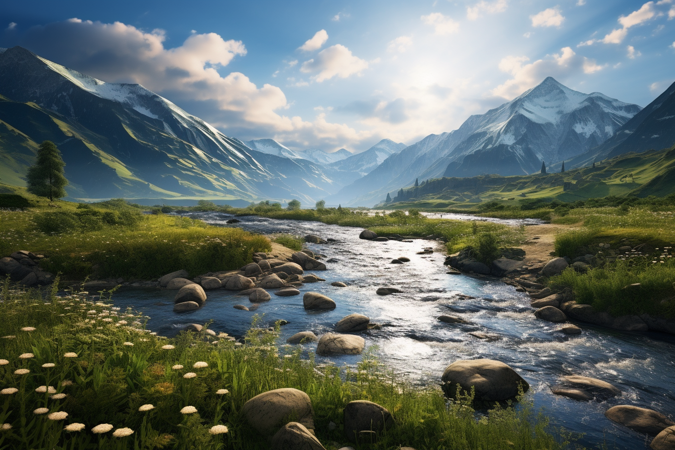 Beautiful landscape featuring a river, mountains, and diverse flora,  artwork illustration design