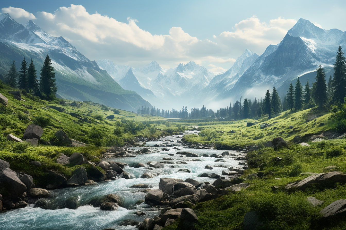 Beautiful landscape featuring a river, mountains, and diverse flora,  artwork illustration design