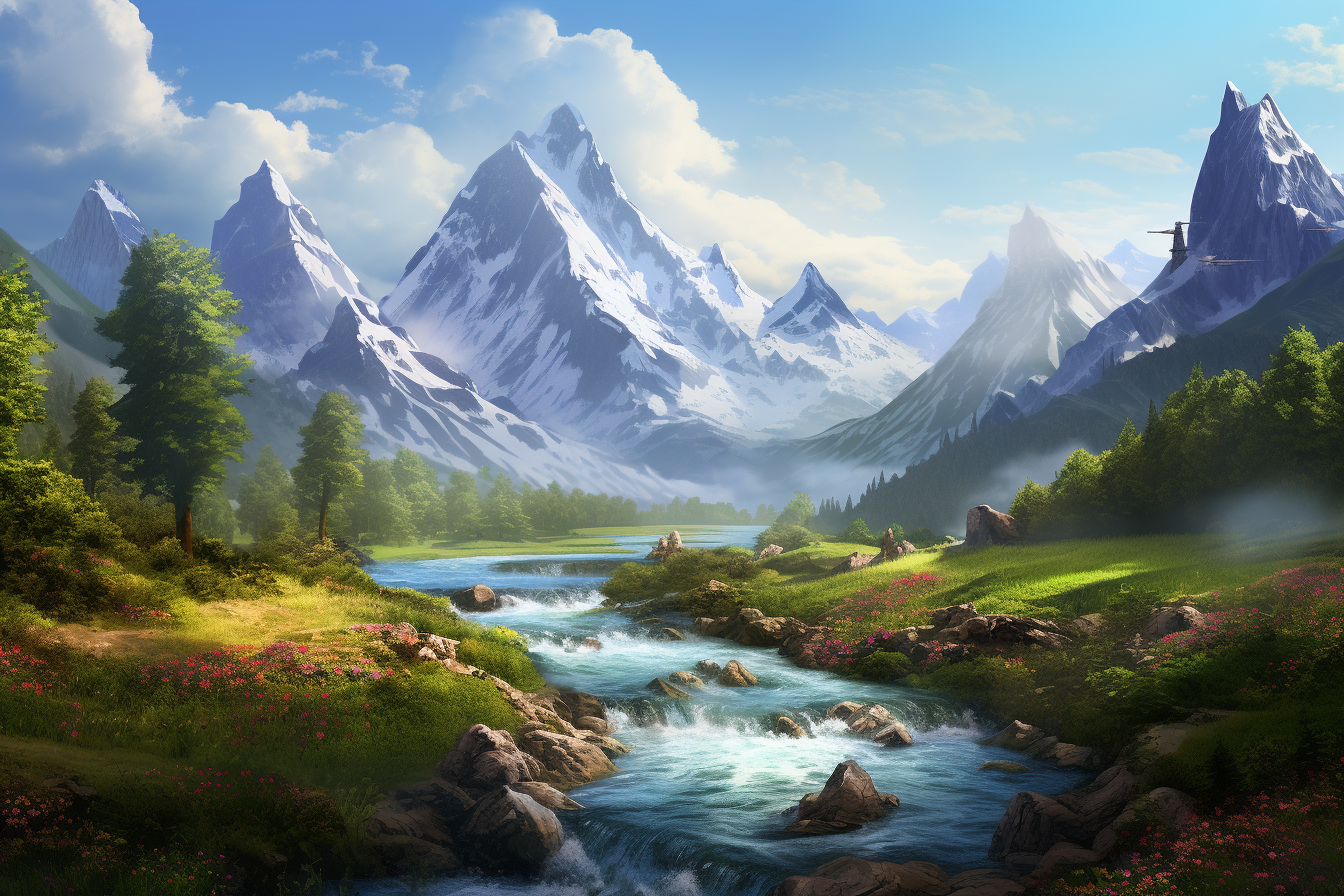 Beautiful landscape featuring a river, mountains, and diverse flora,  artwork illustration design