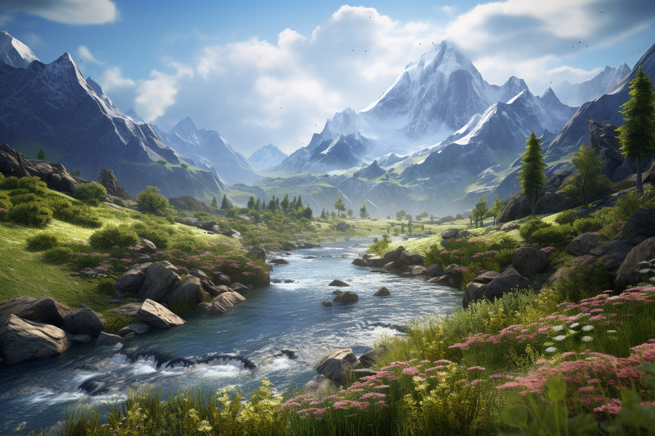 Beautiful landscape featuring a river, mountains, and diverse flora,  artwork illustration design