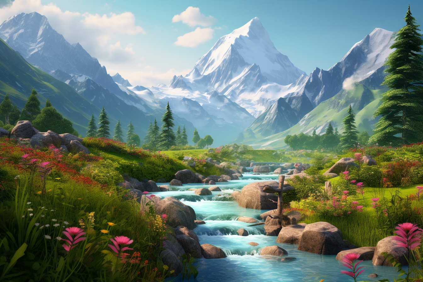 Beautiful landscape featuring a river, mountains, and diverse flora,  artwork illustration design