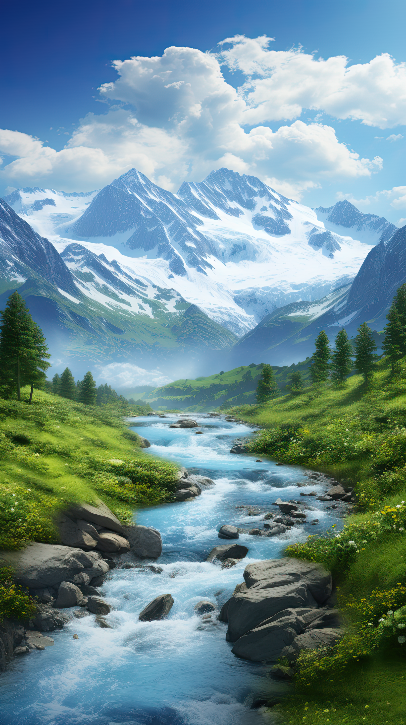 Beautiful landscape featuring a river, mountains, and diverse flora,  artwork illustration design