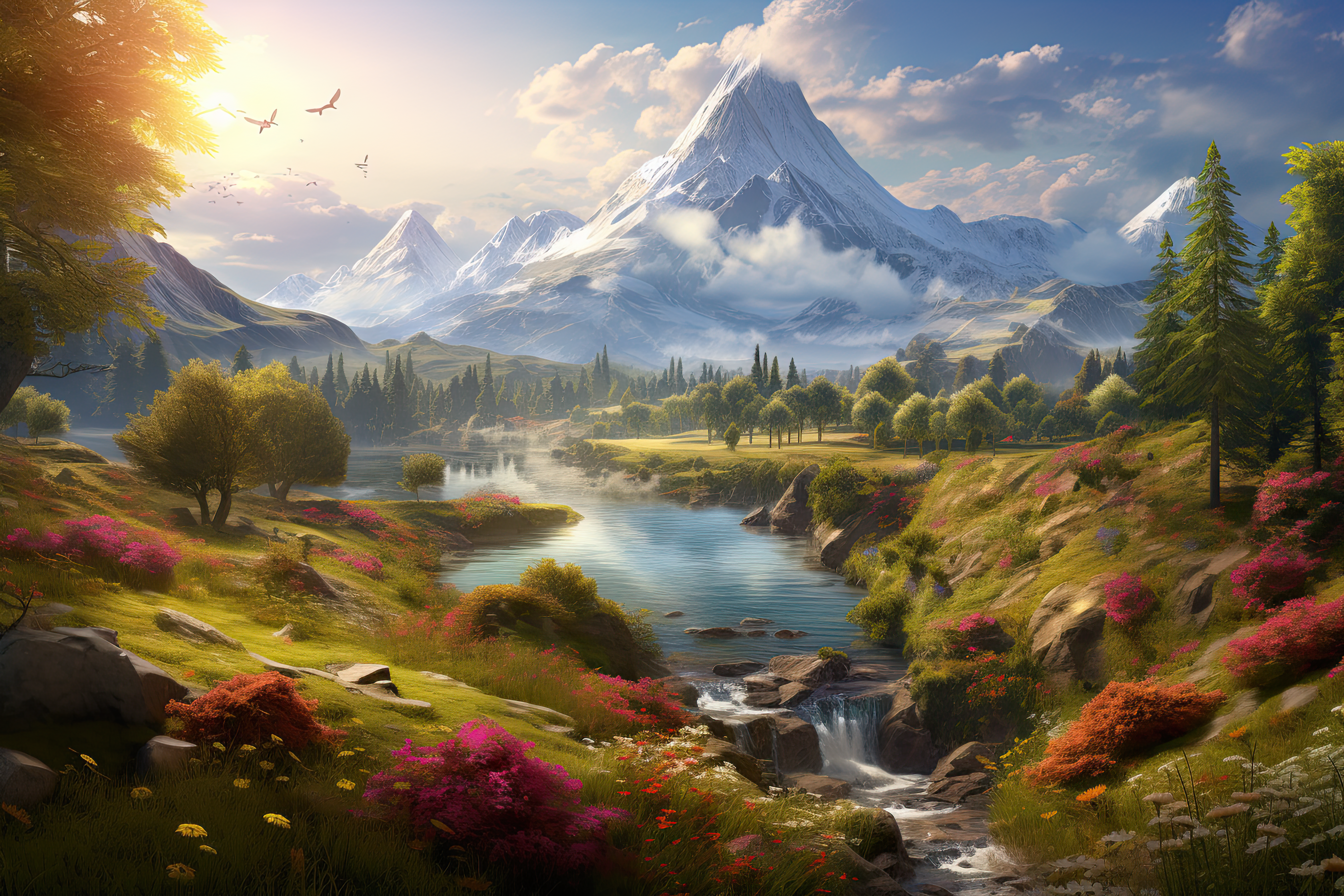 Beautiful landscape featuring a river, mountains, and diverse flora,  artwork illustration design