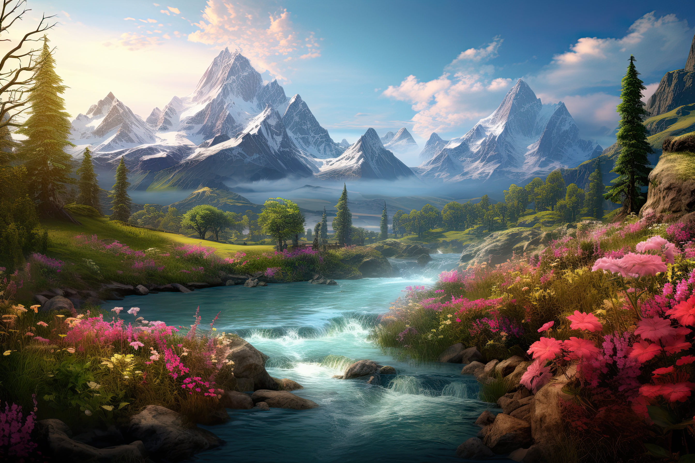 Beautiful landscape featuring a river, mountains, and diverse flora,  artwork illustration design