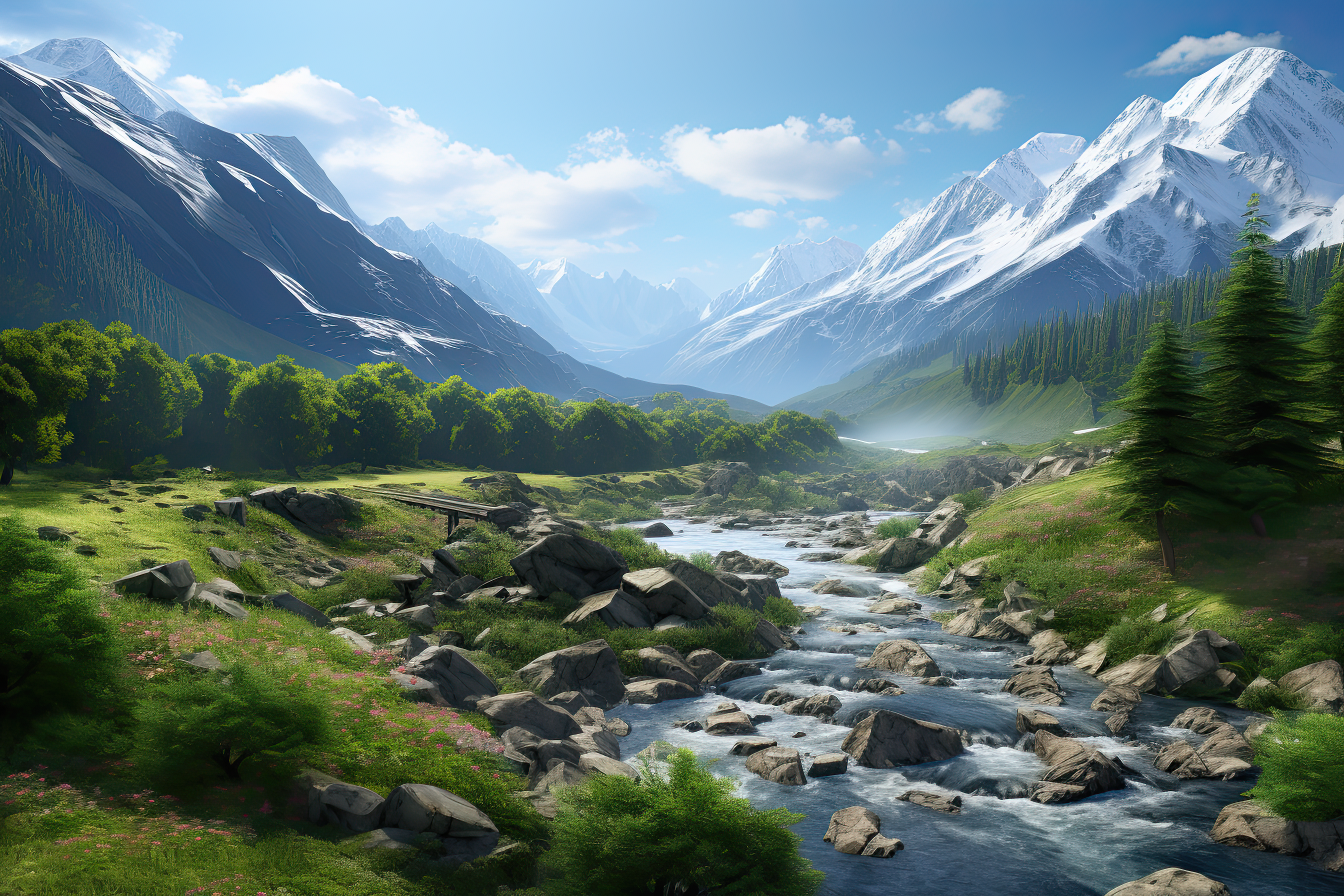 Beautiful landscape featuring a river, mountains, and diverse flora,  artwork illustration design