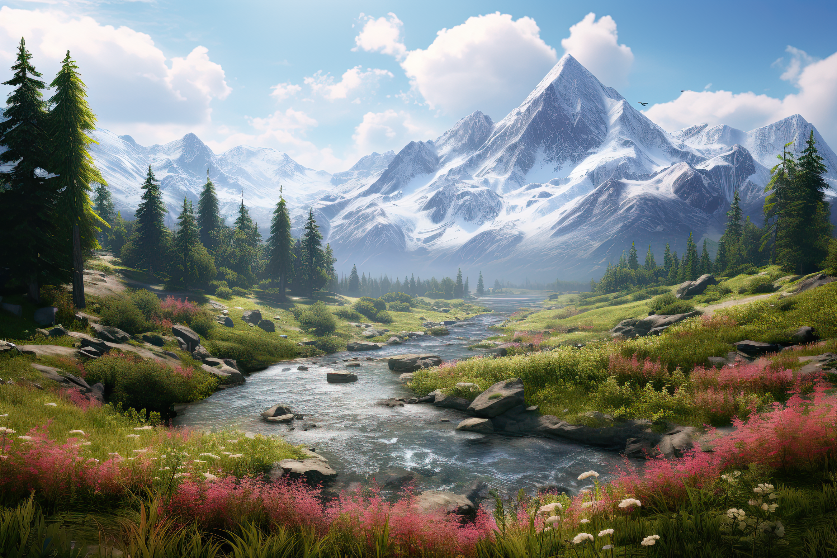 Beautiful landscape featuring a river, mountains, and diverse flora,  artwork illustration design