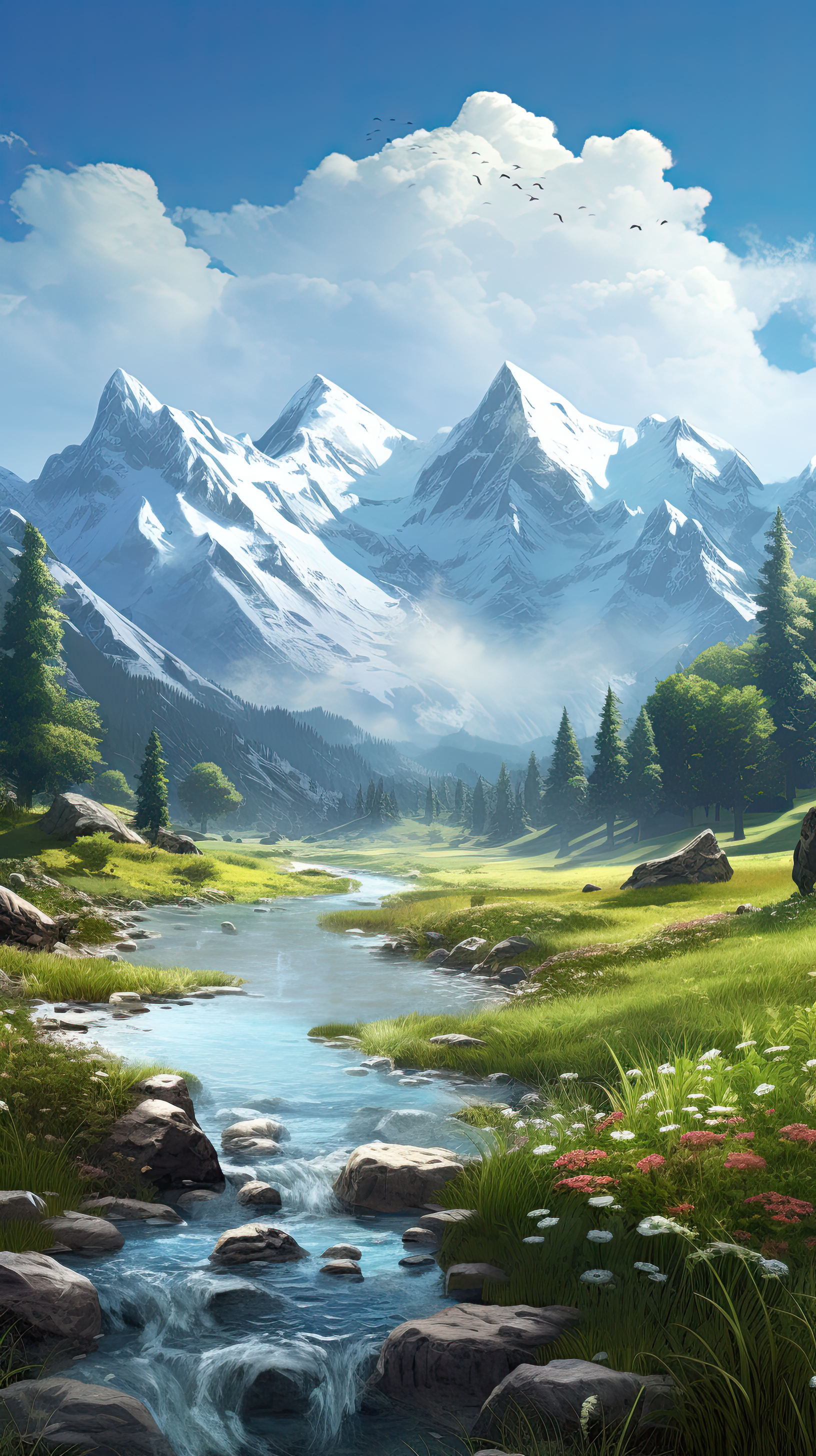 Beautiful landscape featuring a river, mountains, and diverse flora,  artwork illustration design