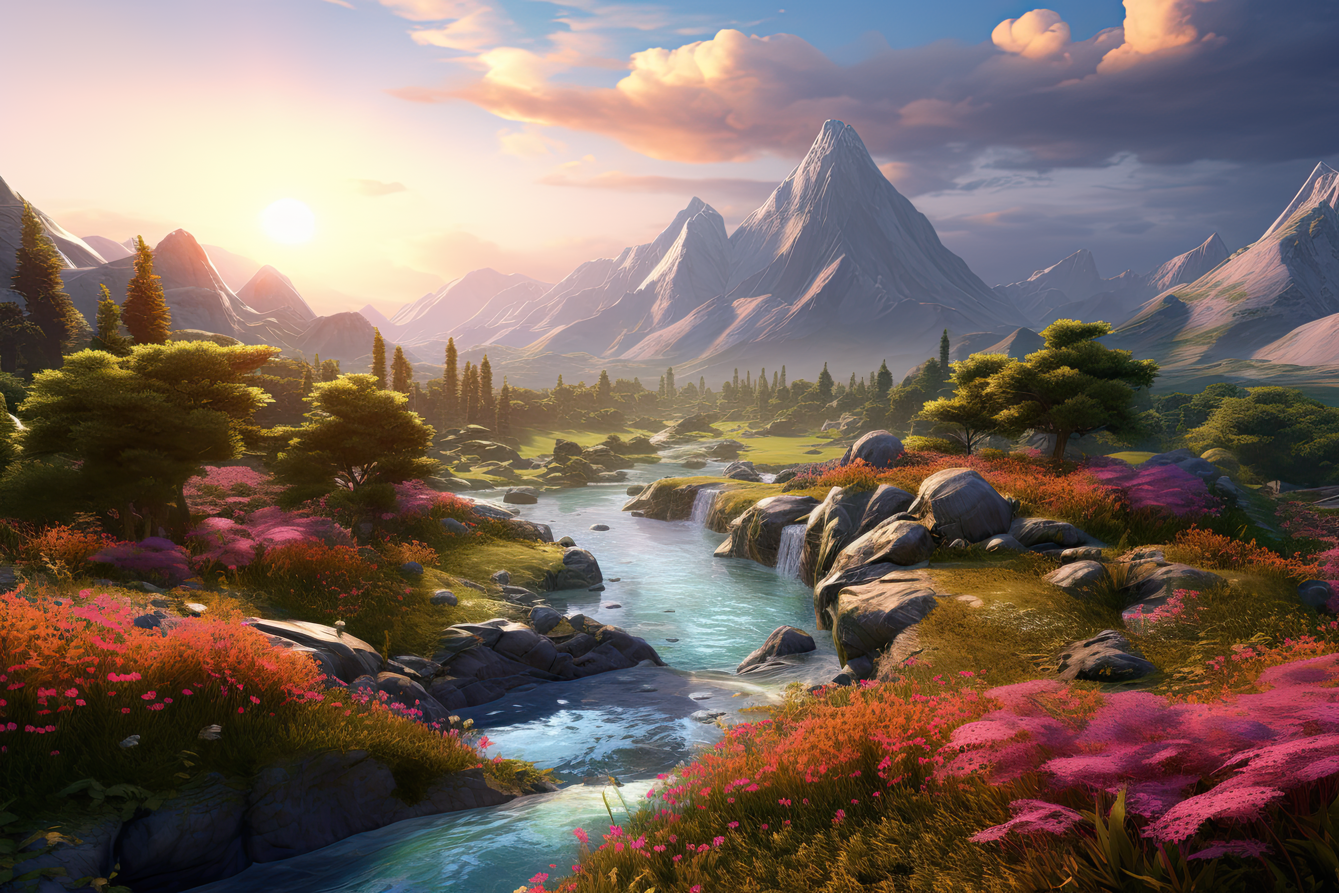 Beautiful landscape featuring a river, mountains, and diverse flora,  artwork illustration design