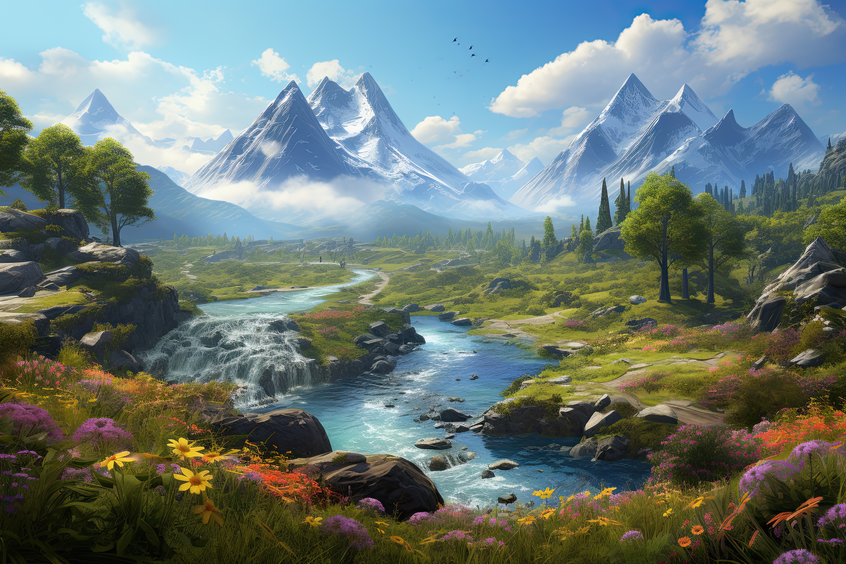 Beautiful landscape featuring a river, mountains, and diverse flora,  artwork illustration design