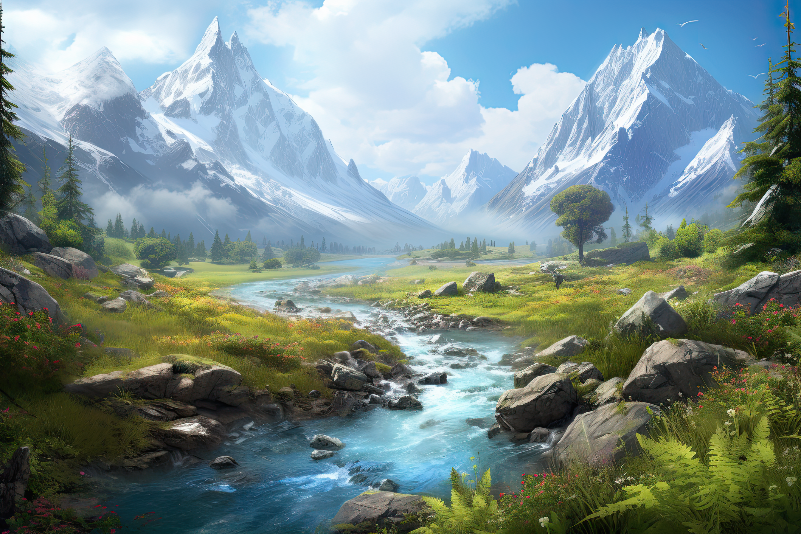 Beautiful landscape featuring a river, mountains, and diverse flora,  artwork illustration design