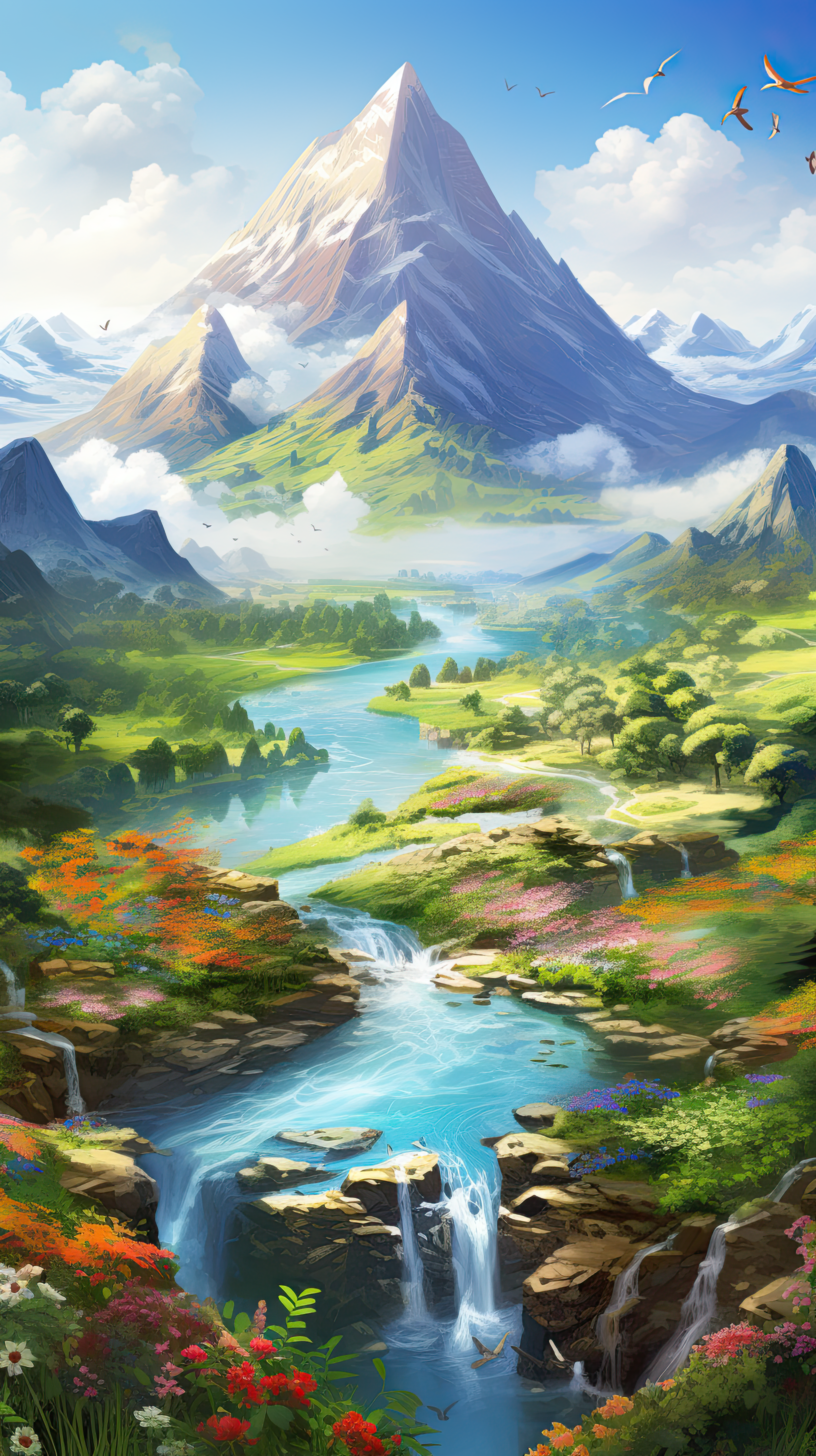 Beautiful landscape featuring a river, mountains, and diverse flora,  artwork illustration design