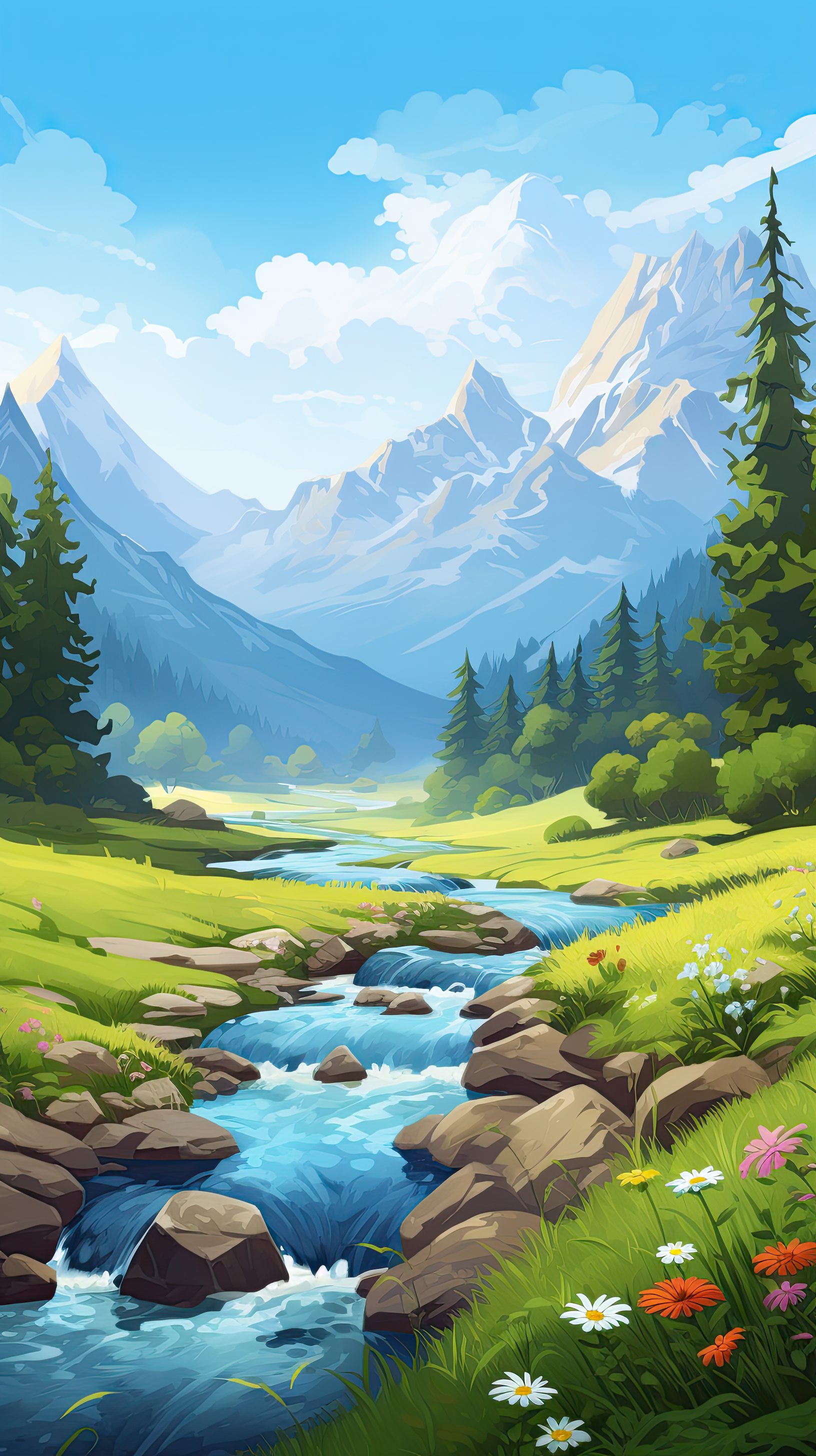 Beautiful landscape featuring a river, mountains, and diverse flora,  artwork illustration design