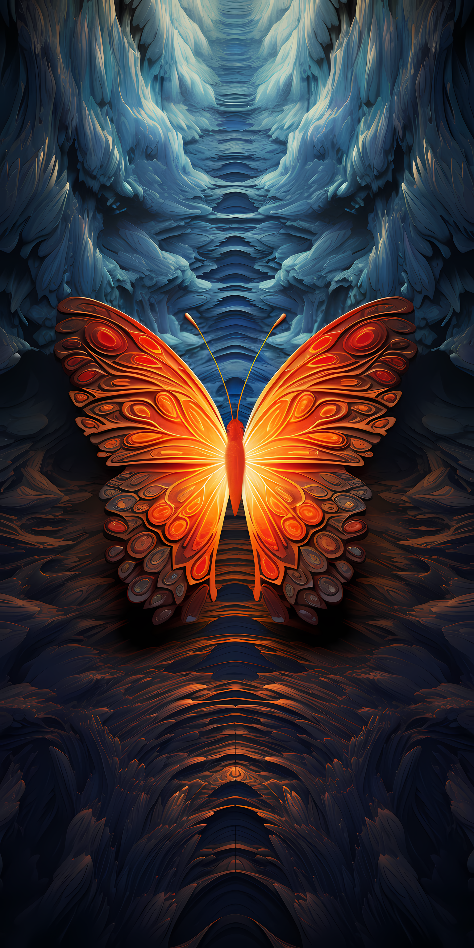 Butterfly with glowing wings in a majestic place