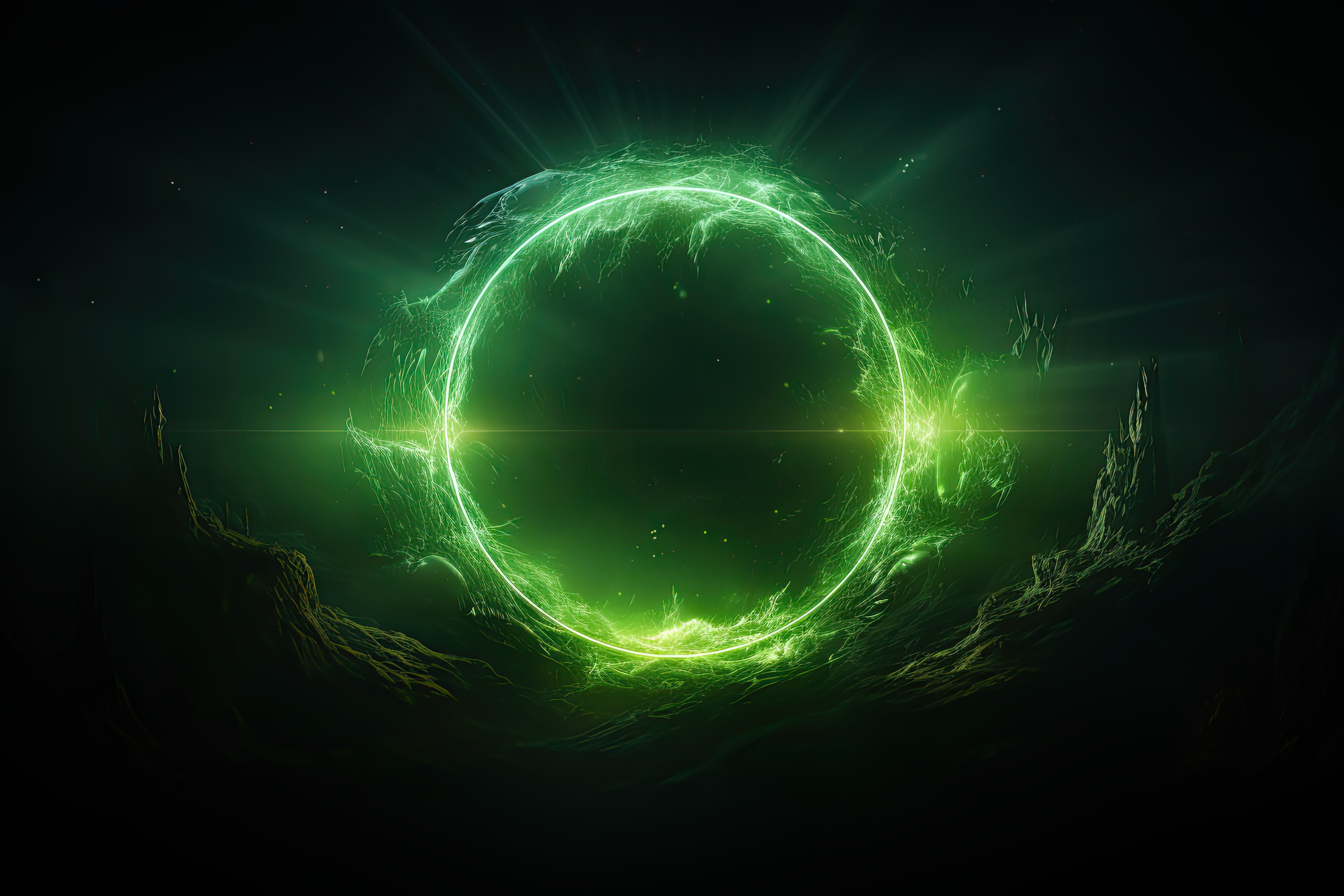 Circular green aura on dark isolated background