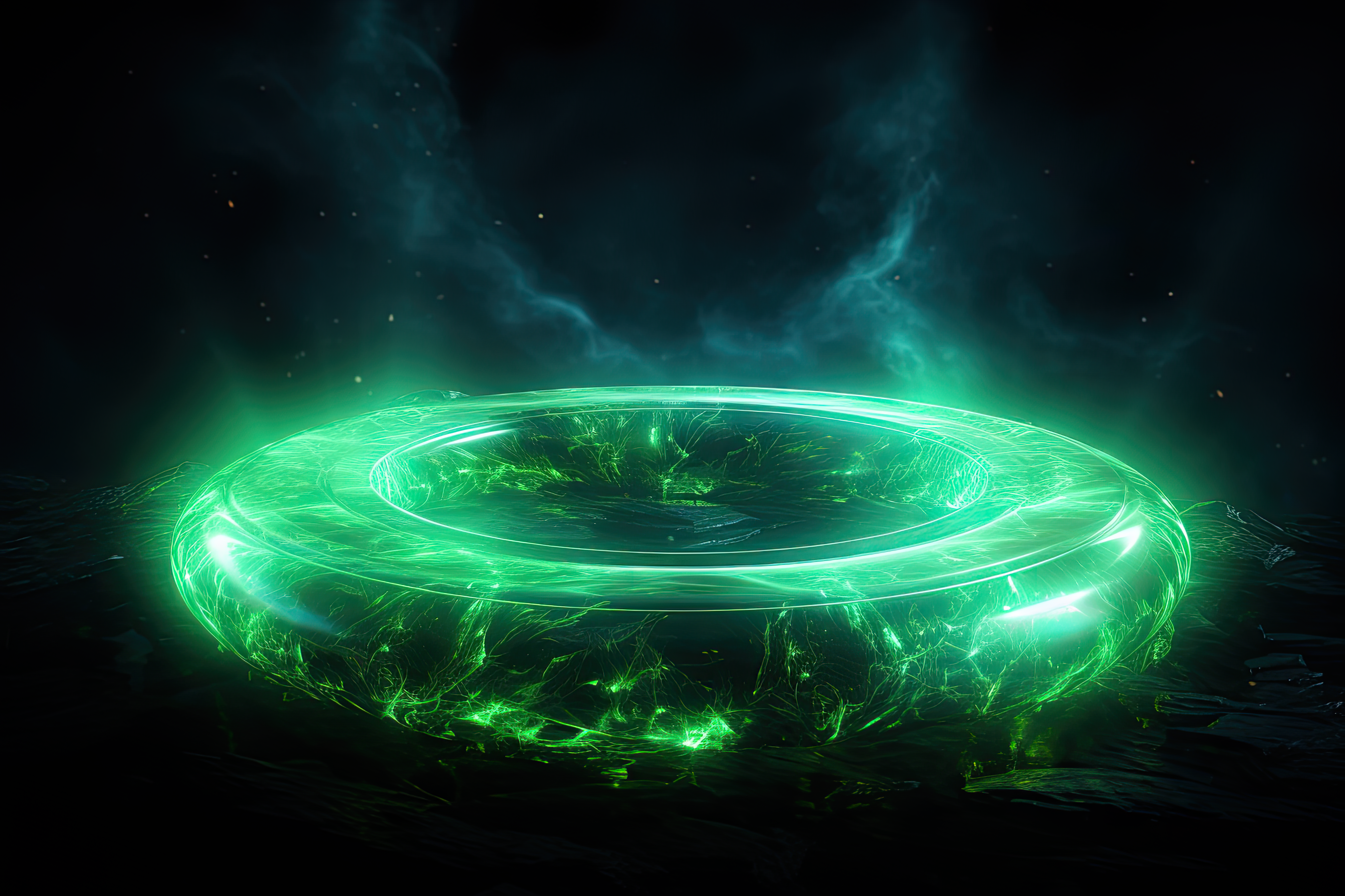 Circular green aura on dark isolated background